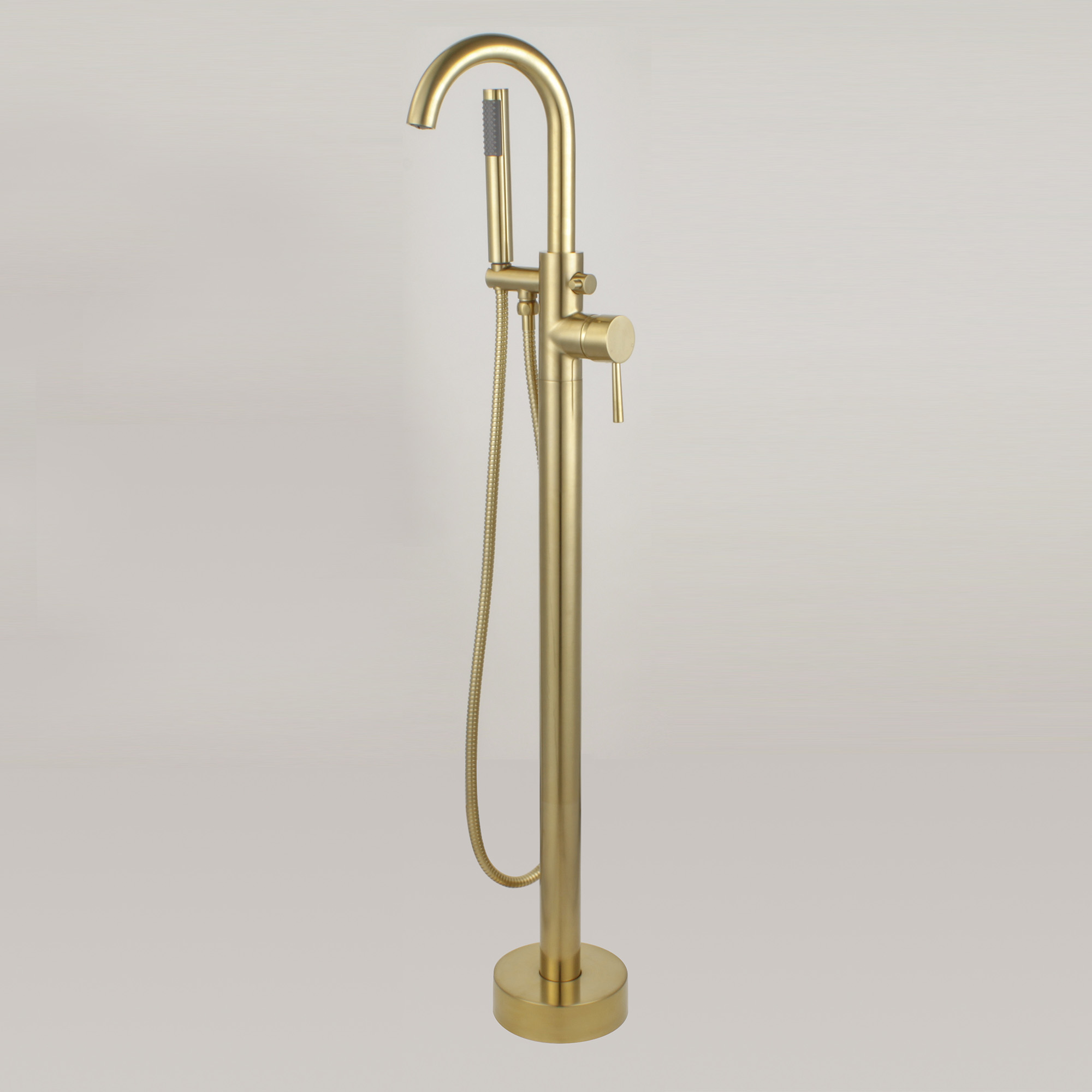  WOODBRIDGE F0007BGRD Contemporary Single Handle Floor Mount Freestanding Tub Filler Faucet with Hand shower in Brushed Gold Finish._24701