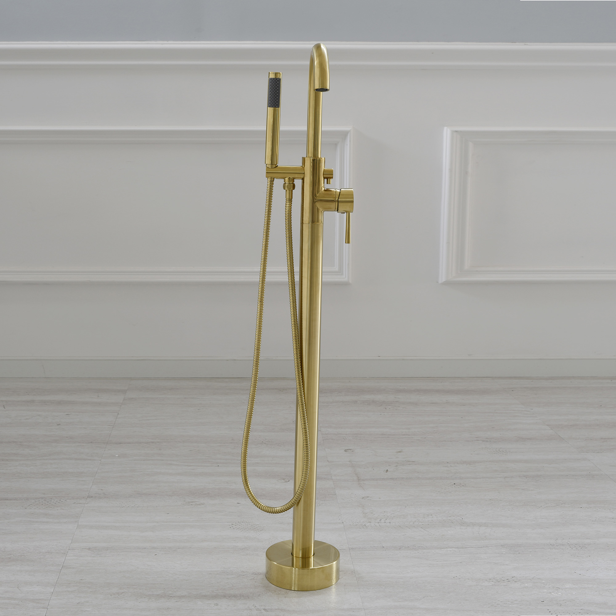  WOODBRIDGE F0007BGRD Contemporary Single Handle Floor Mount Freestanding Tub Filler Faucet with Hand shower in Brushed Gold Finish._24702