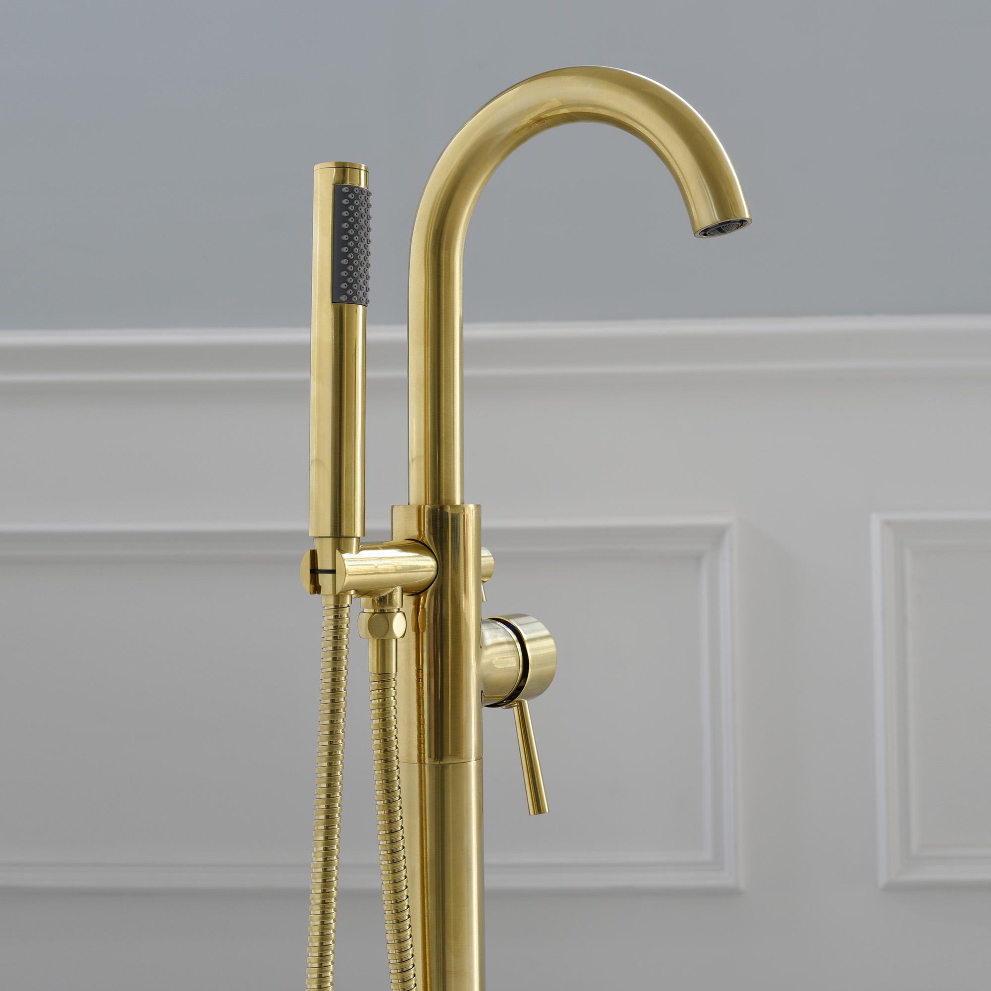  WOODBRIDGE F0007BGRD Contemporary Single Handle Floor Mount Freestanding Tub Filler Faucet with Hand shower in Brushed Gold Finish._24703