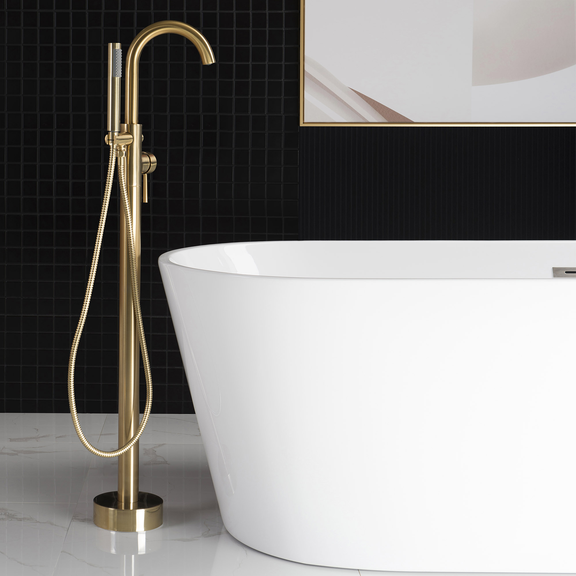  WOODBRIDGE F0007BGRD Contemporary Single Handle Floor Mount Freestanding Tub Filler Faucet with Hand shower in Brushed Gold Finish._24705