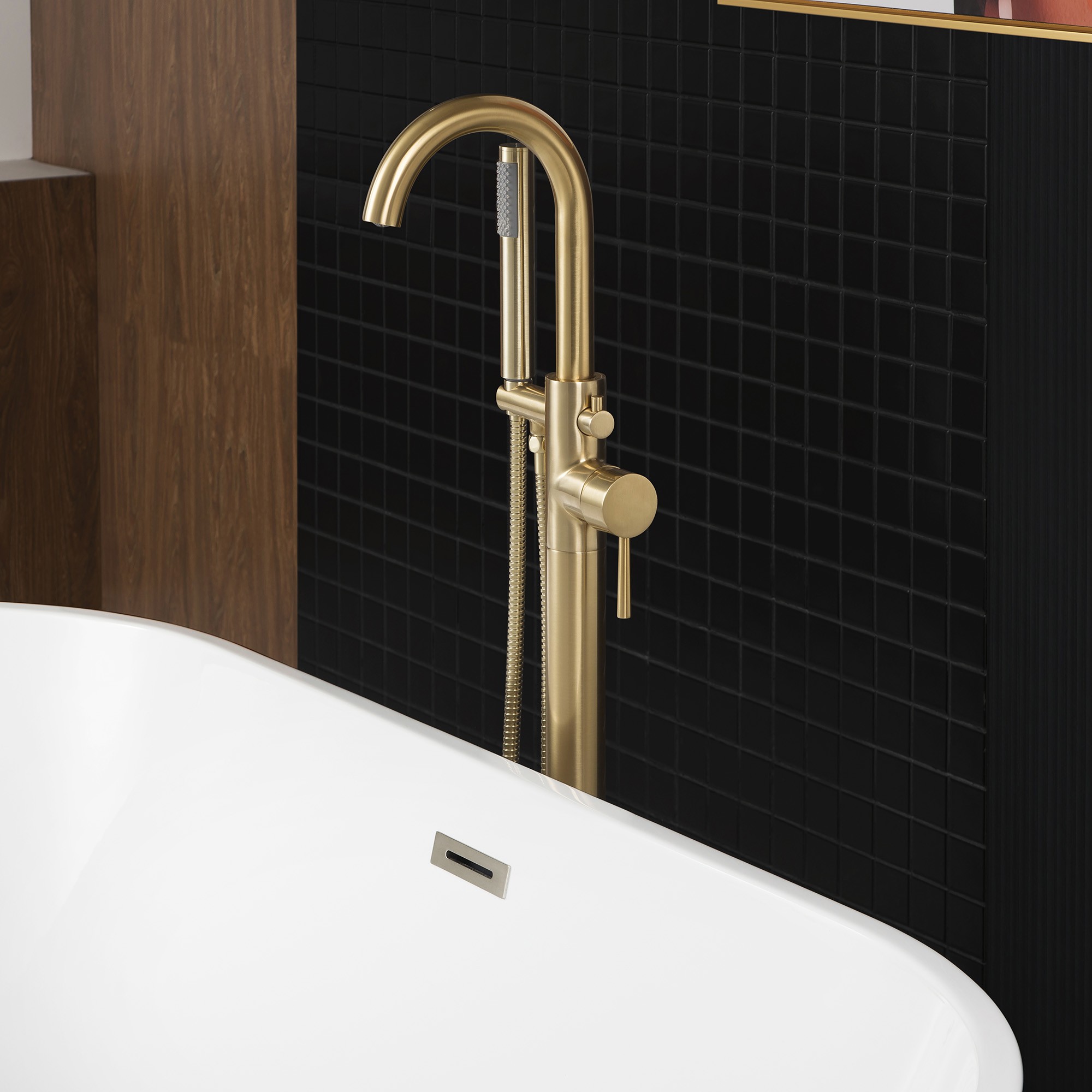 WOODBRIDGE F0007BGRD Contemporary Single Handle Floor Mount Freestanding Tub Filler Faucet with Hand shower in Brushed Gold Finish._24706