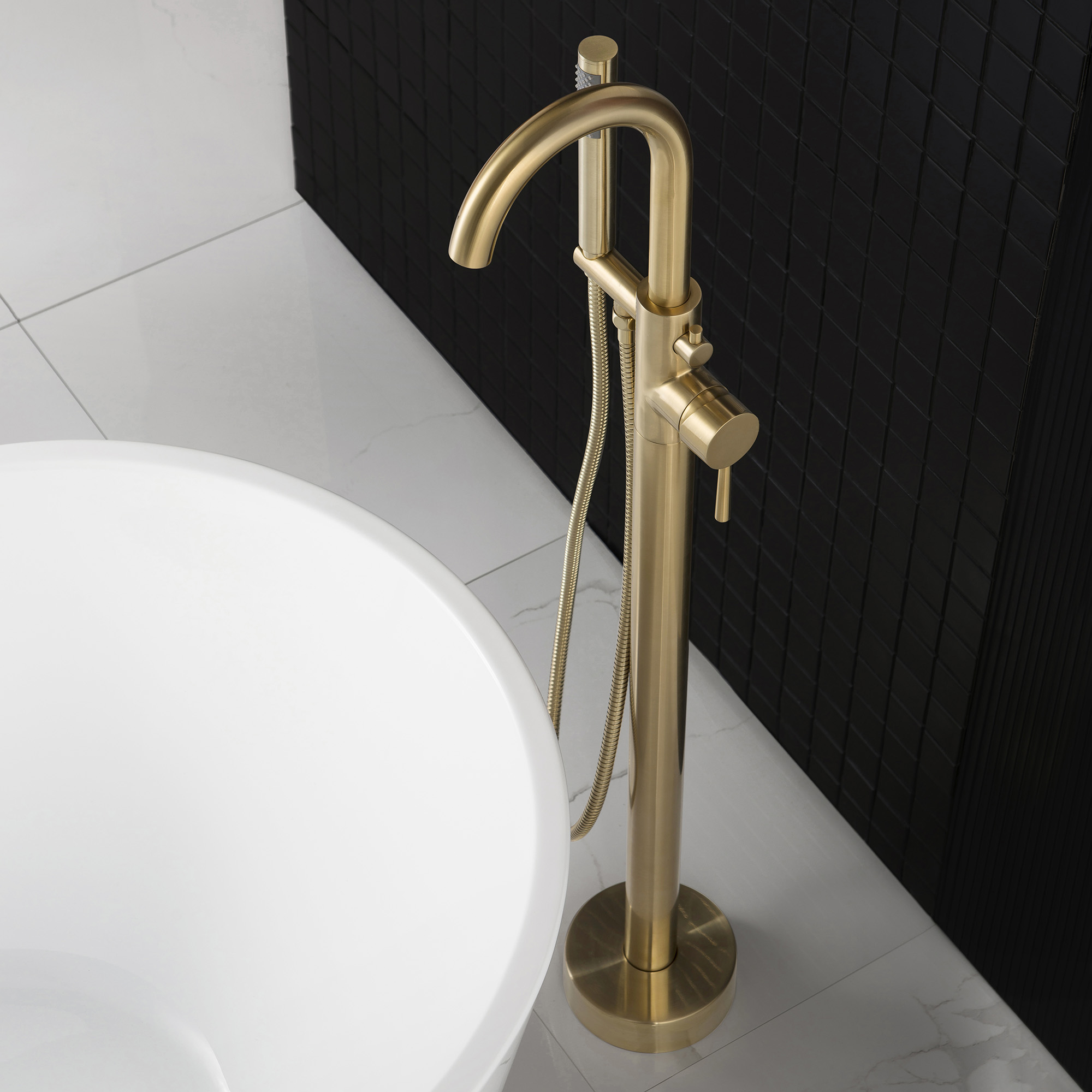  WOODBRIDGE F0007BGRD Contemporary Single Handle Floor Mount Freestanding Tub Filler Faucet with Hand shower in Brushed Gold Finish._24707