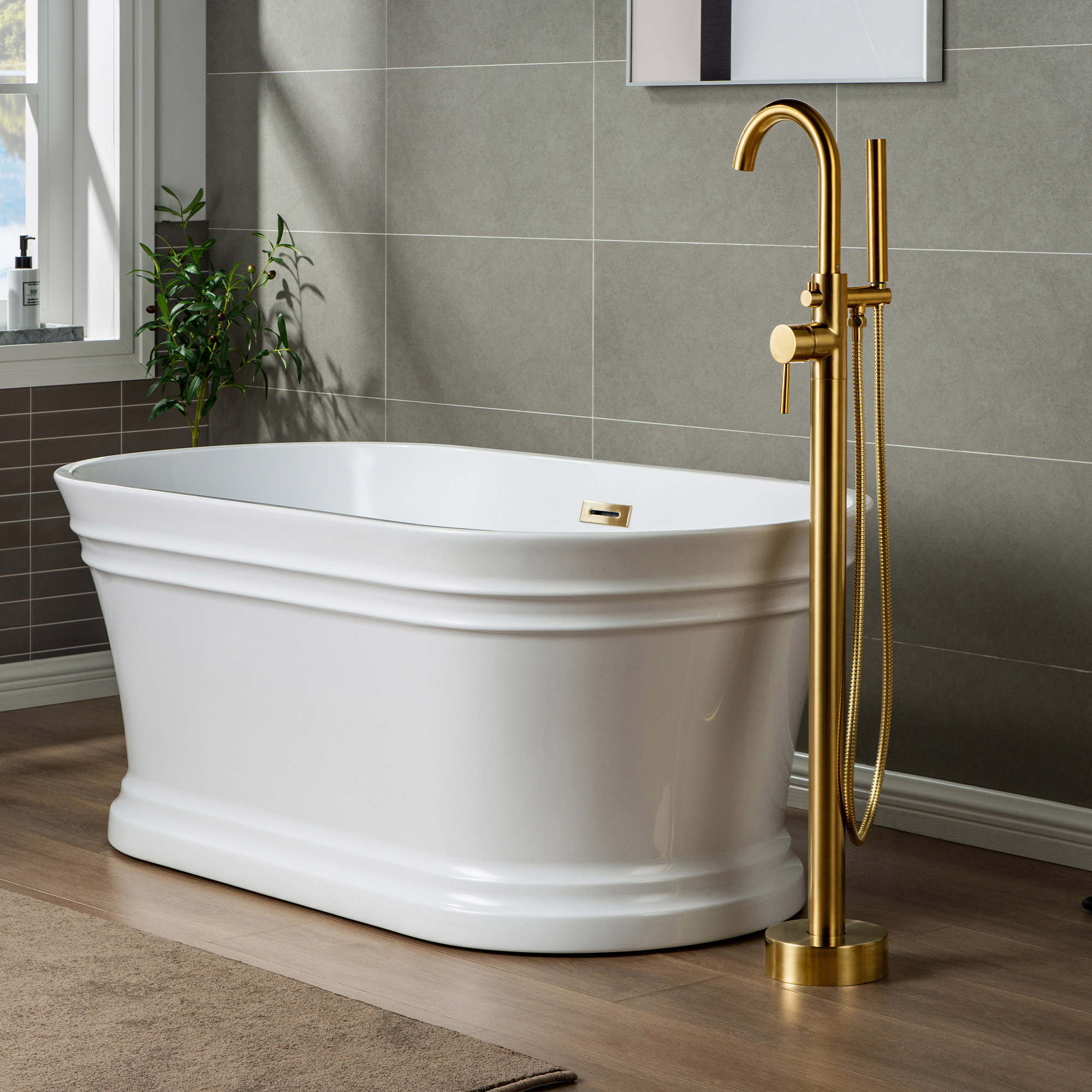  WOODBRIDGE F0007BGRD Contemporary Single Handle Floor Mount Freestanding Tub Filler Faucet with Hand shower in Brushed Gold Finish._24708