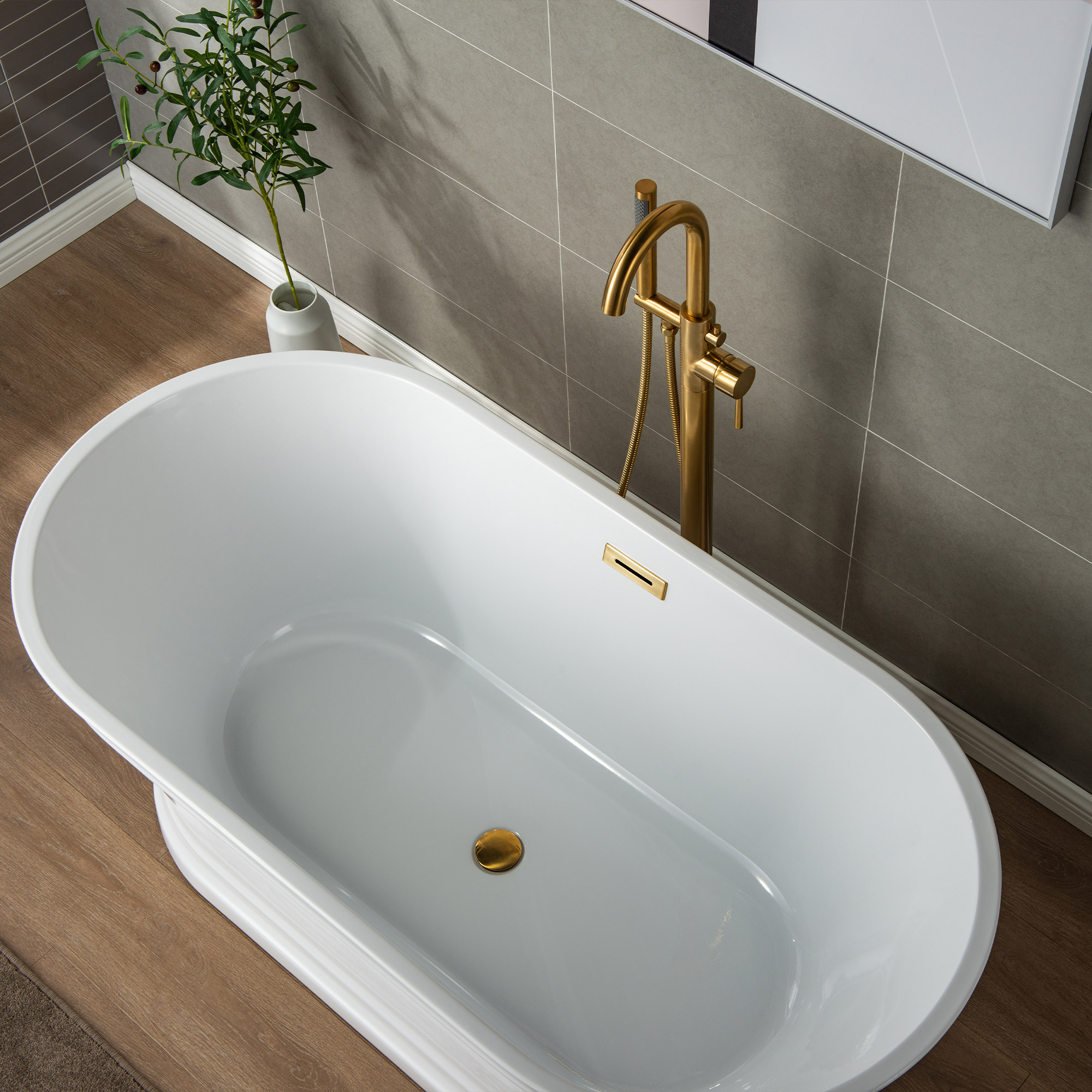  WOODBRIDGE F0007BGRD Contemporary Single Handle Floor Mount Freestanding Tub Filler Faucet with Hand shower in Brushed Gold Finish._24709