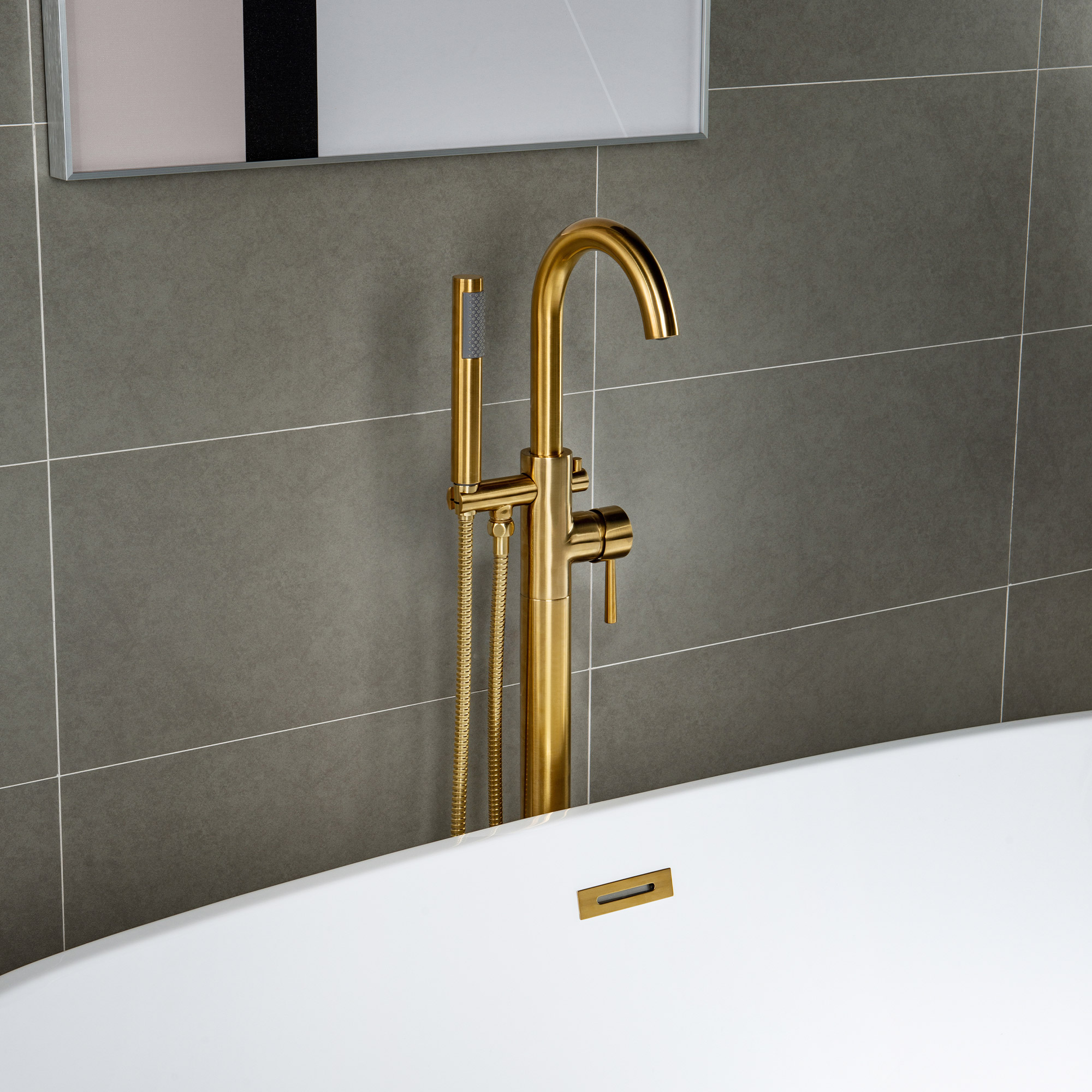  WOODBRIDGE F0007BGRD Contemporary Single Handle Floor Mount Freestanding Tub Filler Faucet with Hand shower in Brushed Gold Finish._24711