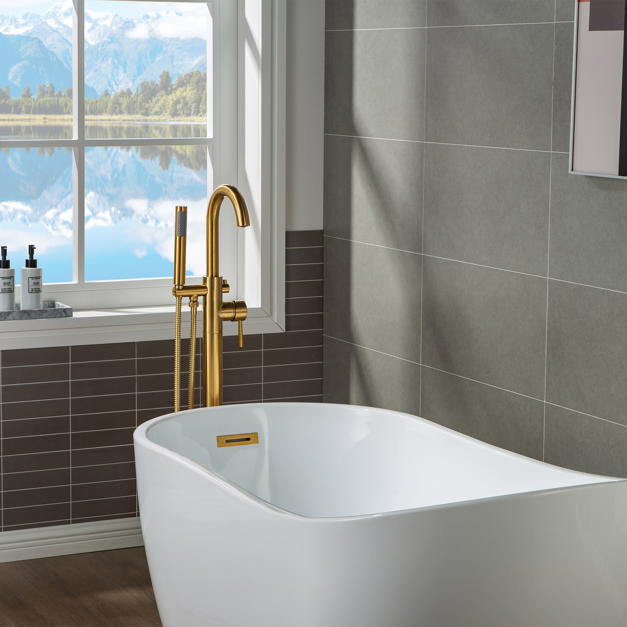  WOODBRIDGE F0007BGRD Contemporary Single Handle Floor Mount Freestanding Tub Filler Faucet with Hand shower in Brushed Gold Finish._24712