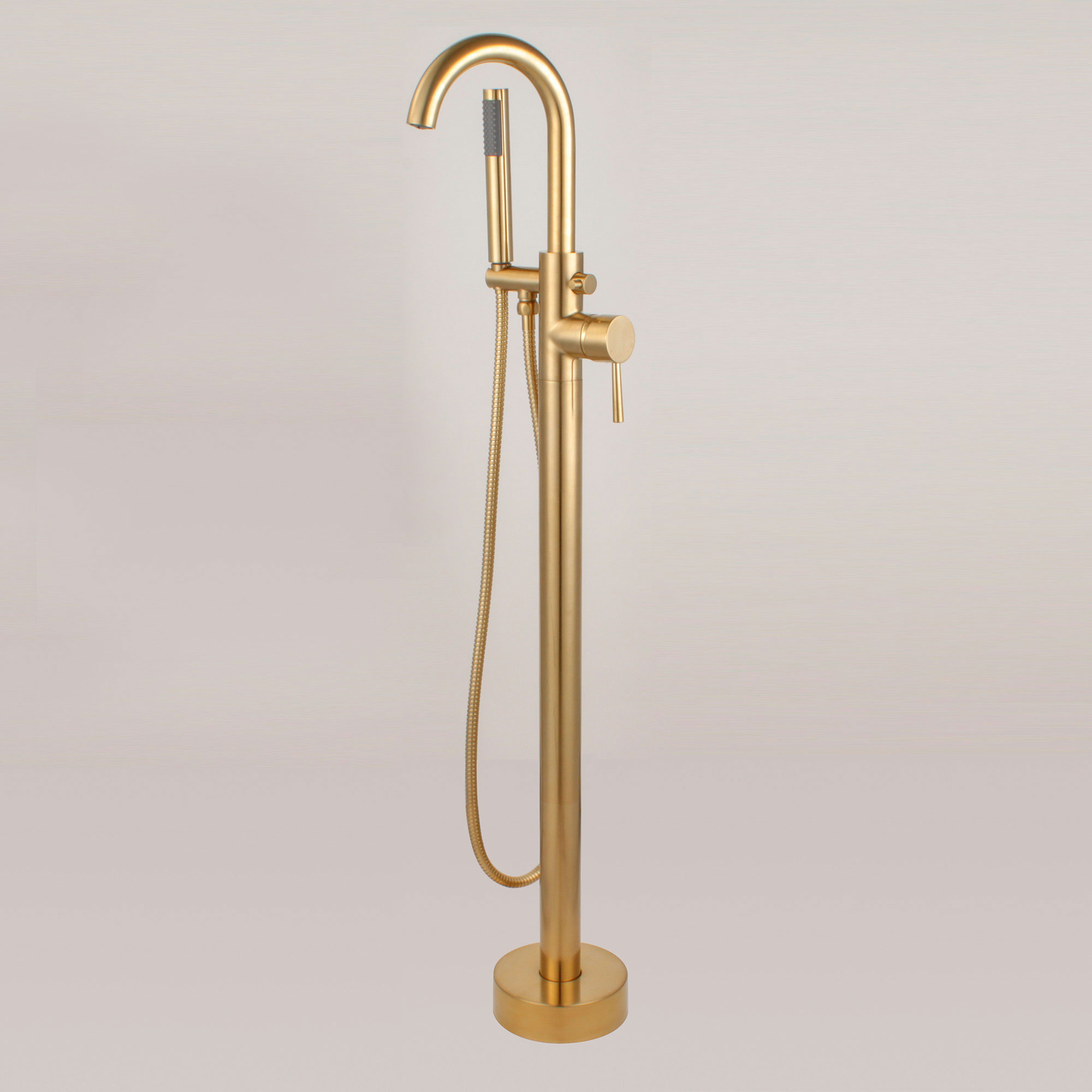  WOODBRIDGE F0026BGRD Contemporary Single Handle Floor Mount Freestanding Tub Filler Faucet with Cylinder Shape Hand shower in Brushed Gold Finish._24721