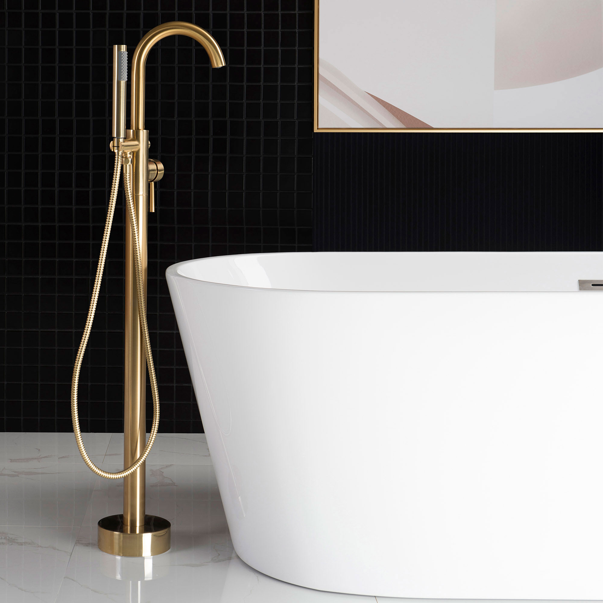  WOODBRIDGE F0026BGRD Contemporary Single Handle Floor Mount Freestanding Tub Filler Faucet with Cylinder Shape Hand shower in Brushed Gold Finish._24722