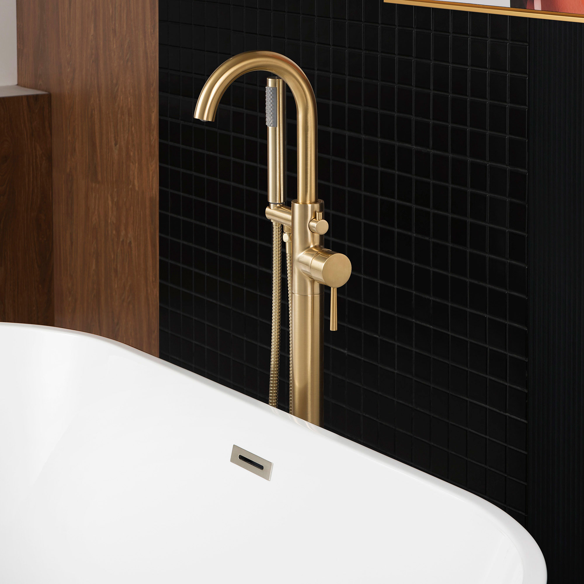  WOODBRIDGE F0026BGRD Contemporary Single Handle Floor Mount Freestanding Tub Filler Faucet with Cylinder Shape Hand shower in Brushed Gold Finish._24723