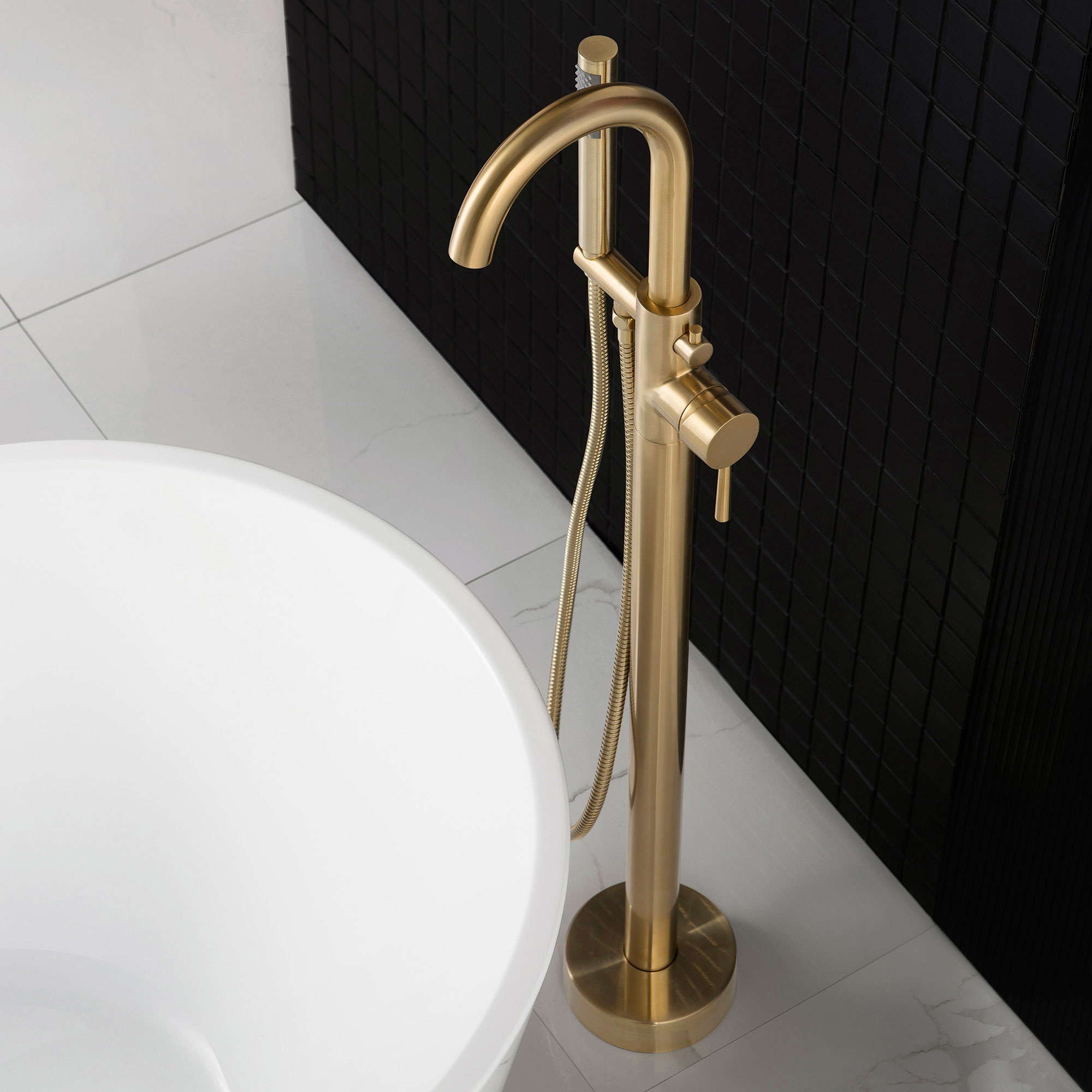 WOODBRIDGE F0026BGRD Contemporary Single Handle Floor Mount Freestanding Tub Filler Faucet with Cylinder Shape Hand shower in Brushed Gold Finish._24724