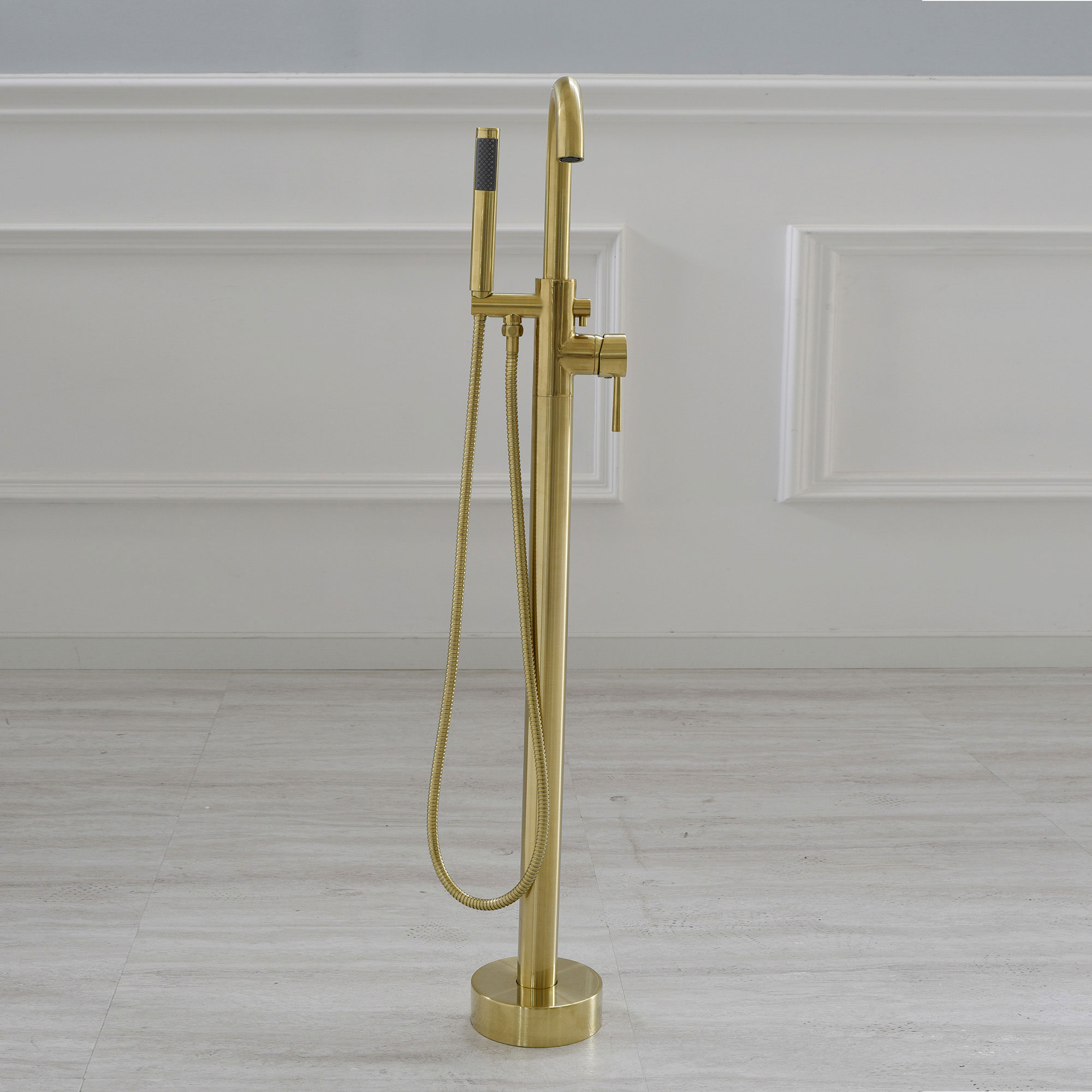  WOODBRIDGE F0026BGRD Contemporary Single Handle Floor Mount Freestanding Tub Filler Faucet with Cylinder Shape Hand shower in Brushed Gold Finish._24725