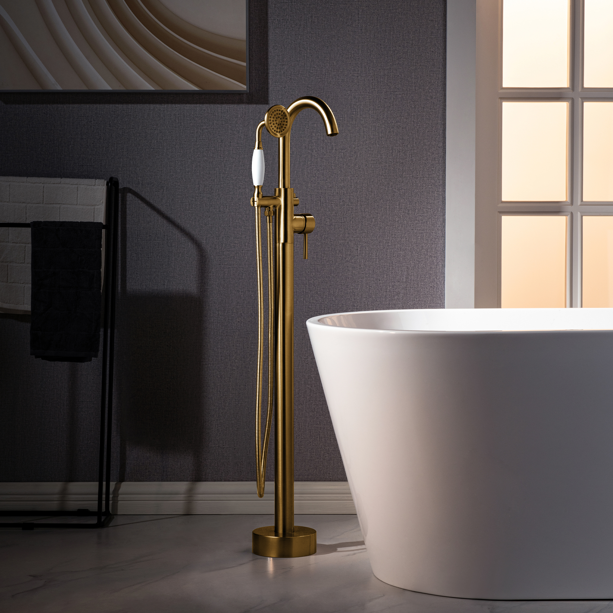  WOODBRIDGE F0026BGVT Fusion Single Handle Floor Mount Freestanding Tub Filler Faucet with Telephone Hand shower in Brushed Gold Finish._24727