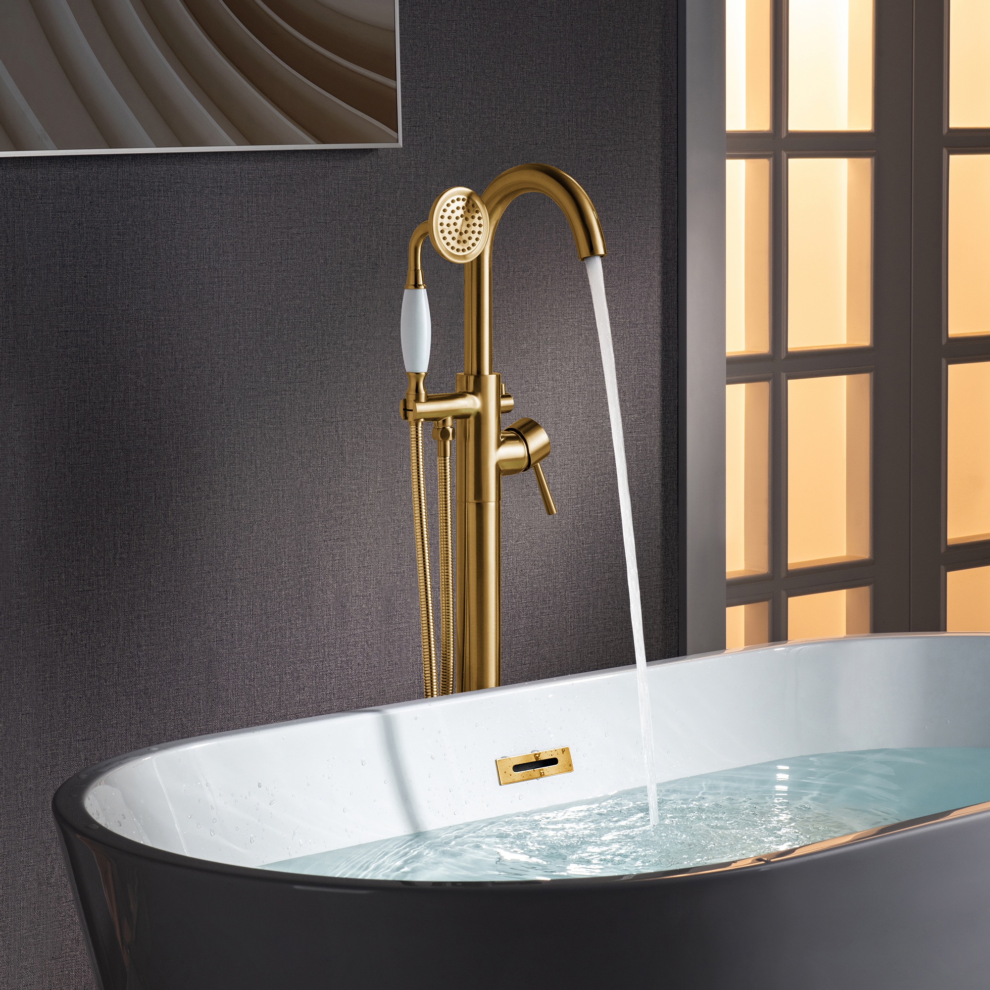  WOODBRIDGE F0026BGVT Fusion Single Handle Floor Mount Freestanding Tub Filler Faucet with Telephone Hand shower in Brushed Gold Finish._24728