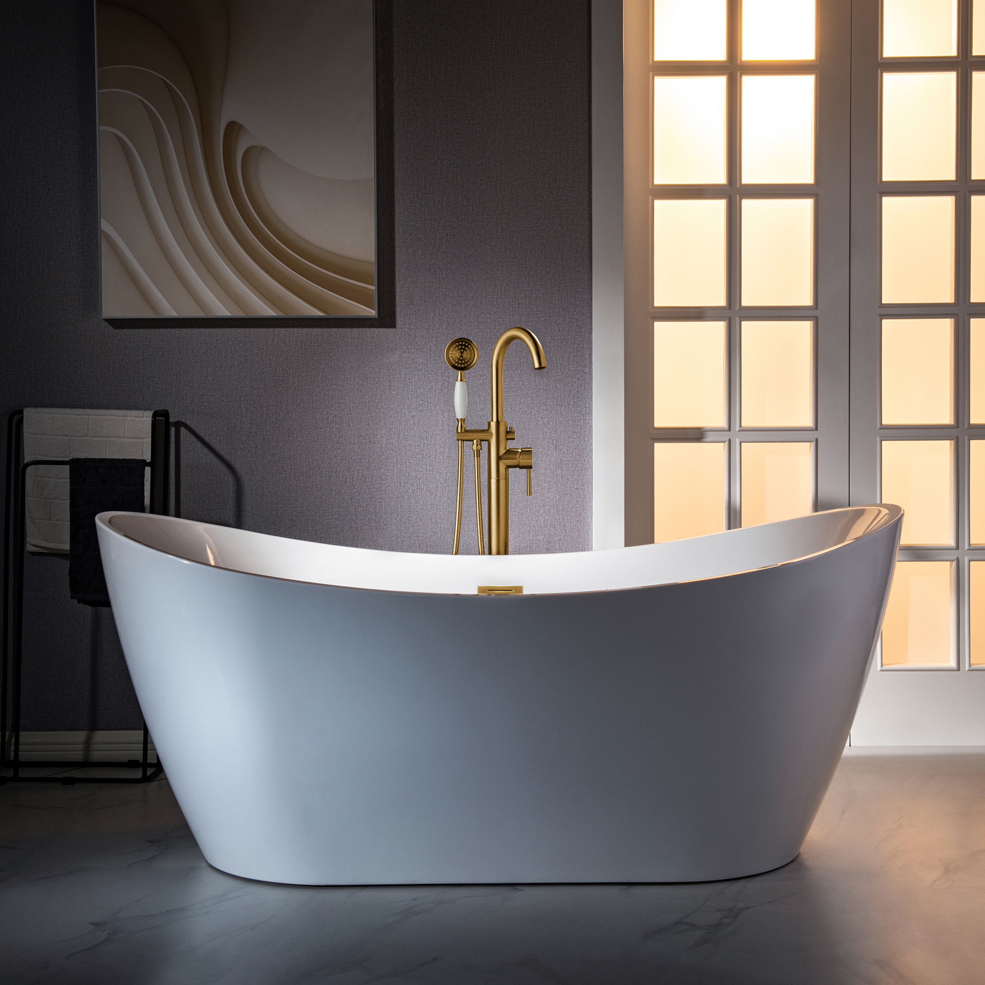  WOODBRIDGE F0026BGVT Fusion Single Handle Floor Mount Freestanding Tub Filler Faucet with Telephone Hand shower in Brushed Gold Finish._24729