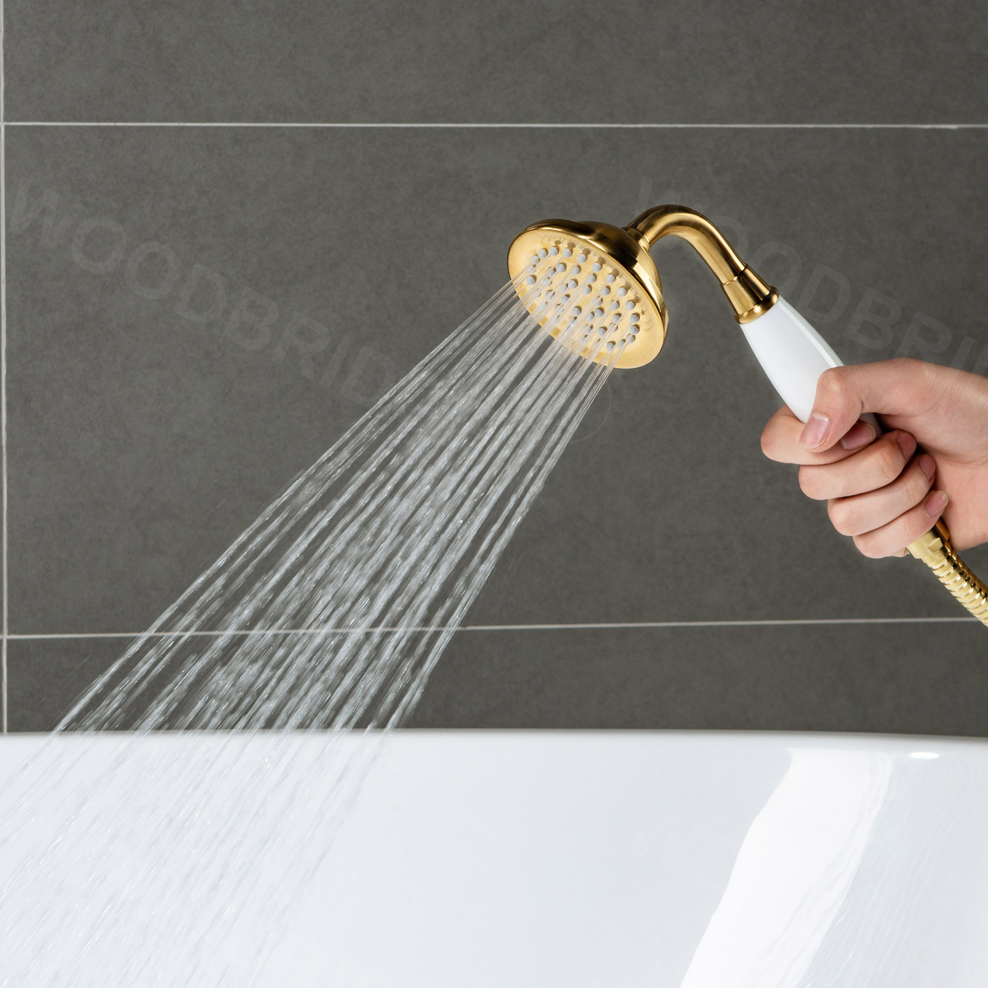  WOODBRIDGE F0026BGVT Fusion Single Handle Floor Mount Freestanding Tub Filler Faucet with Telephone Hand shower in Brushed Gold Finish._24733