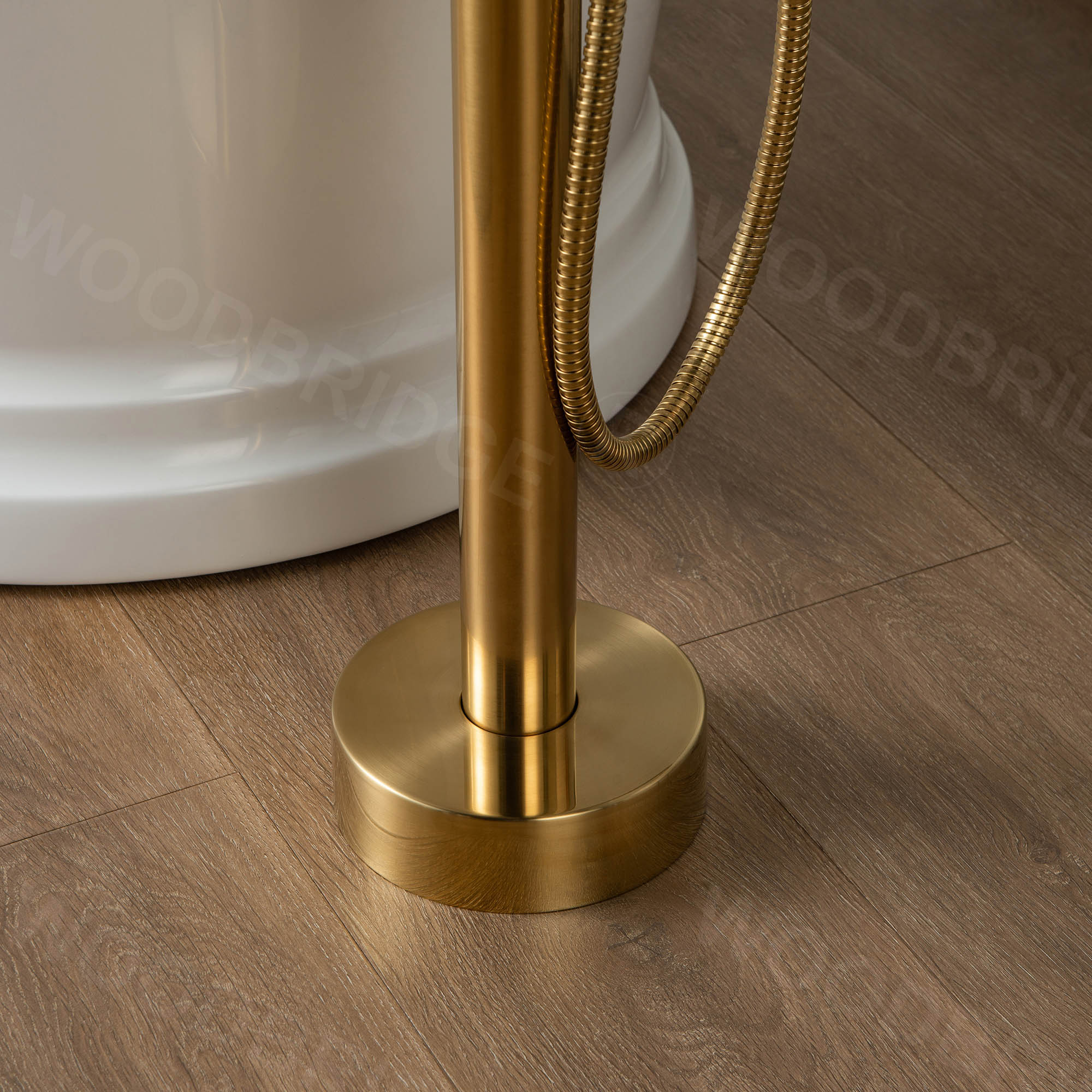  WOODBRIDGE F0026BGVT Fusion Single Handle Floor Mount Freestanding Tub Filler Faucet with Telephone Hand shower in Brushed Gold Finish._24734