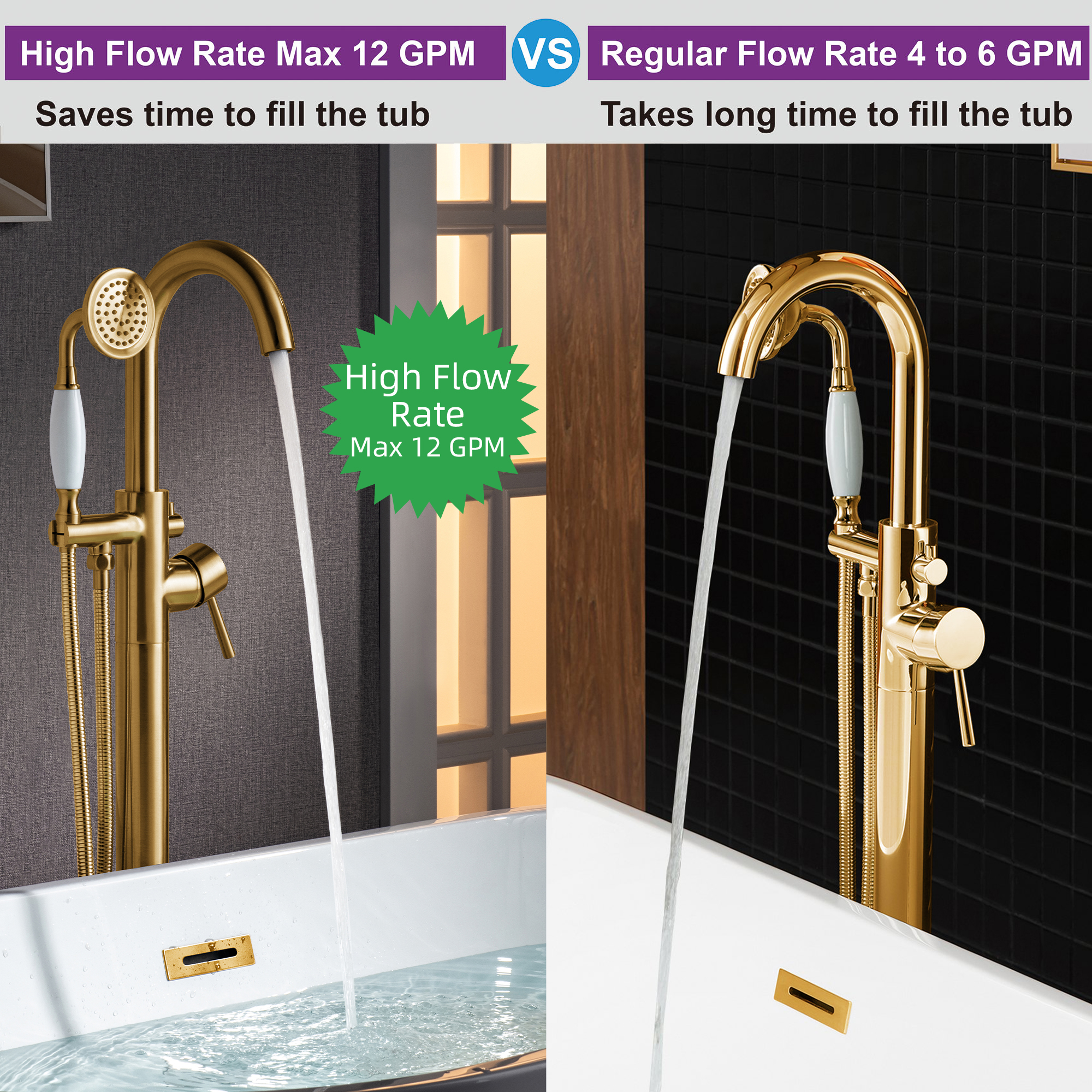  WOODBRIDGE F0026BGVT Fusion Single Handle Floor Mount Freestanding Tub Filler Faucet with Telephone Hand shower in Brushed Gold Finish._24735