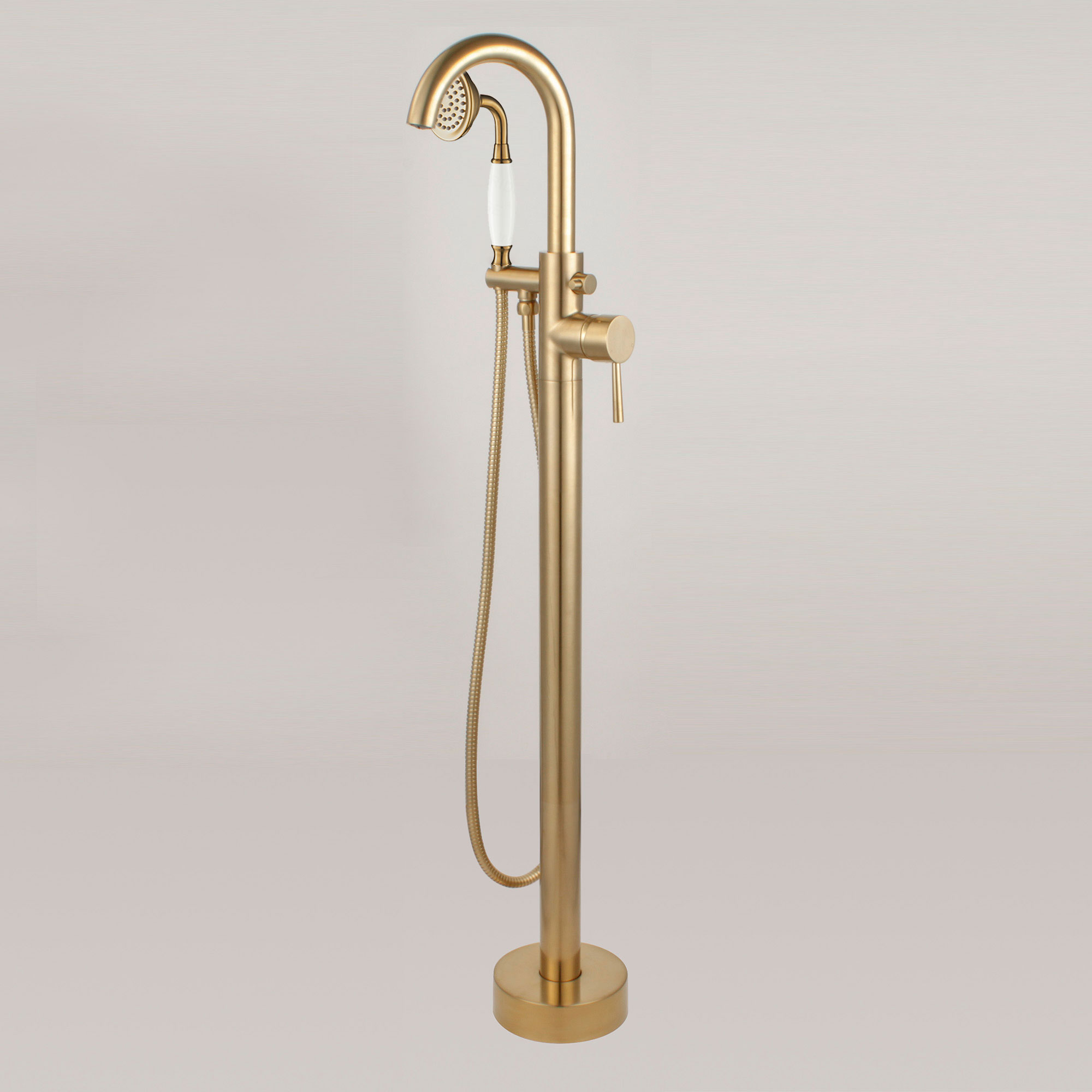  WOODBRIDGE F0026BGVT Fusion Single Handle Floor Mount Freestanding Tub Filler Faucet with Telephone Hand shower in Brushed Gold Finish._24736