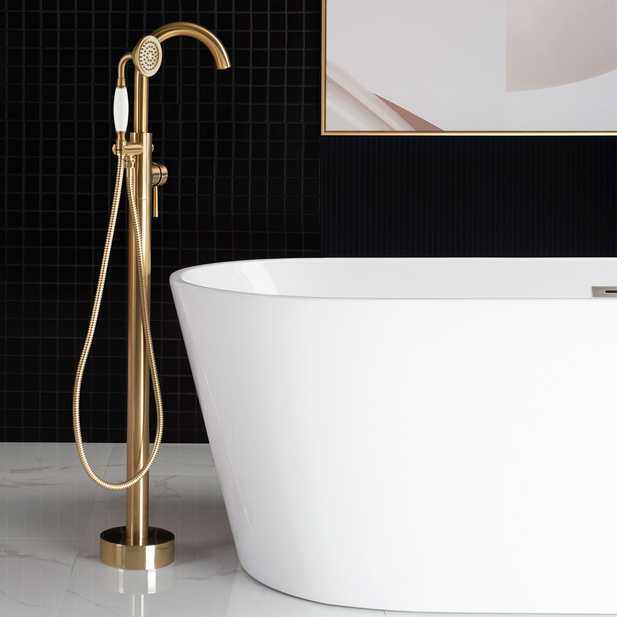  WOODBRIDGE F0026BGVT Fusion Single Handle Floor Mount Freestanding Tub Filler Faucet with Telephone Hand shower in Brushed Gold Finish._24737