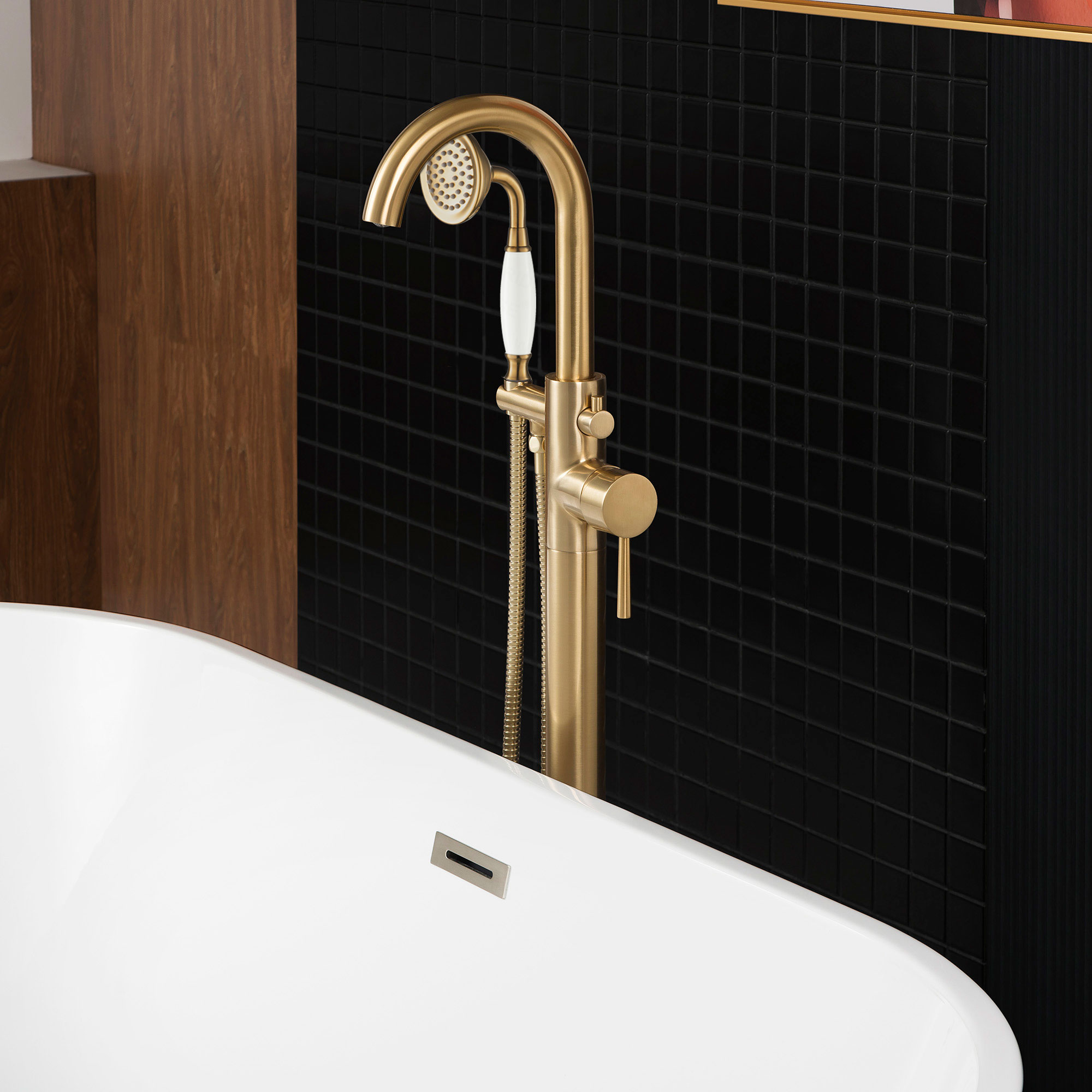  WOODBRIDGE F0026BGVT Fusion Single Handle Floor Mount Freestanding Tub Filler Faucet with Telephone Hand shower in Brushed Gold Finish._24738
