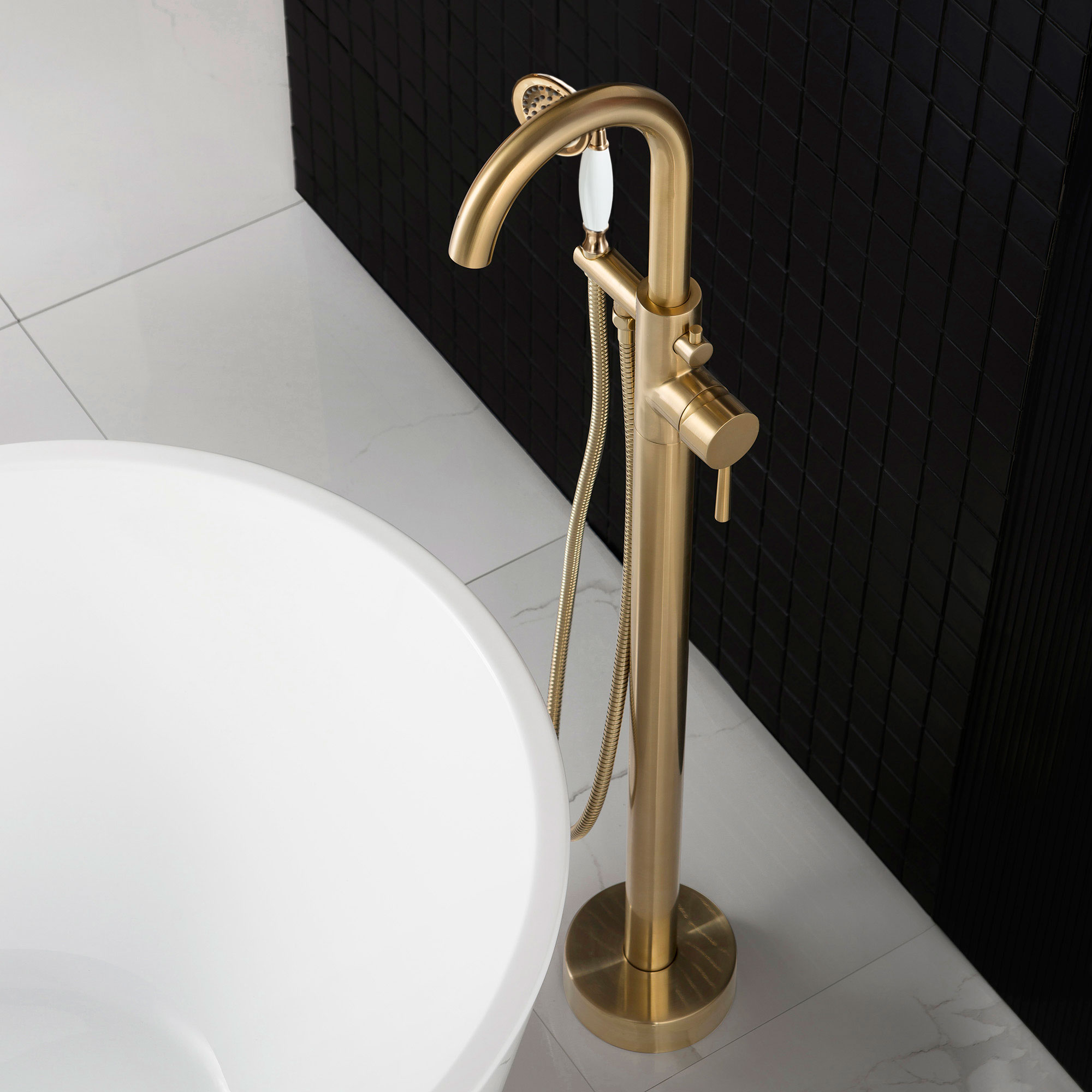  WOODBRIDGE F0026BGVT Fusion Single Handle Floor Mount Freestanding Tub Filler Faucet with Telephone Hand shower in Brushed Gold Finish._24739