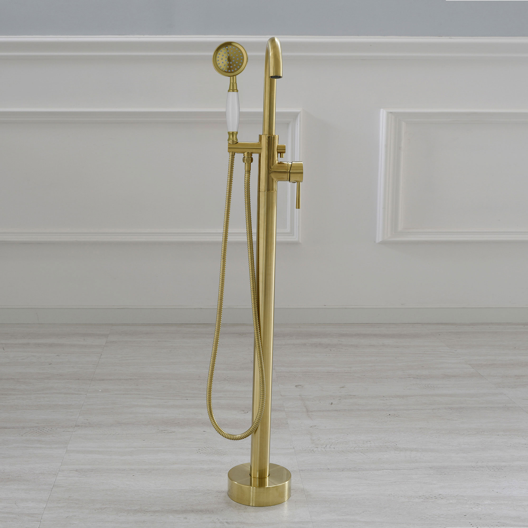  WOODBRIDGE F0026BGVT Fusion Single Handle Floor Mount Freestanding Tub Filler Faucet with Telephone Hand shower in Brushed Gold Finish._24740