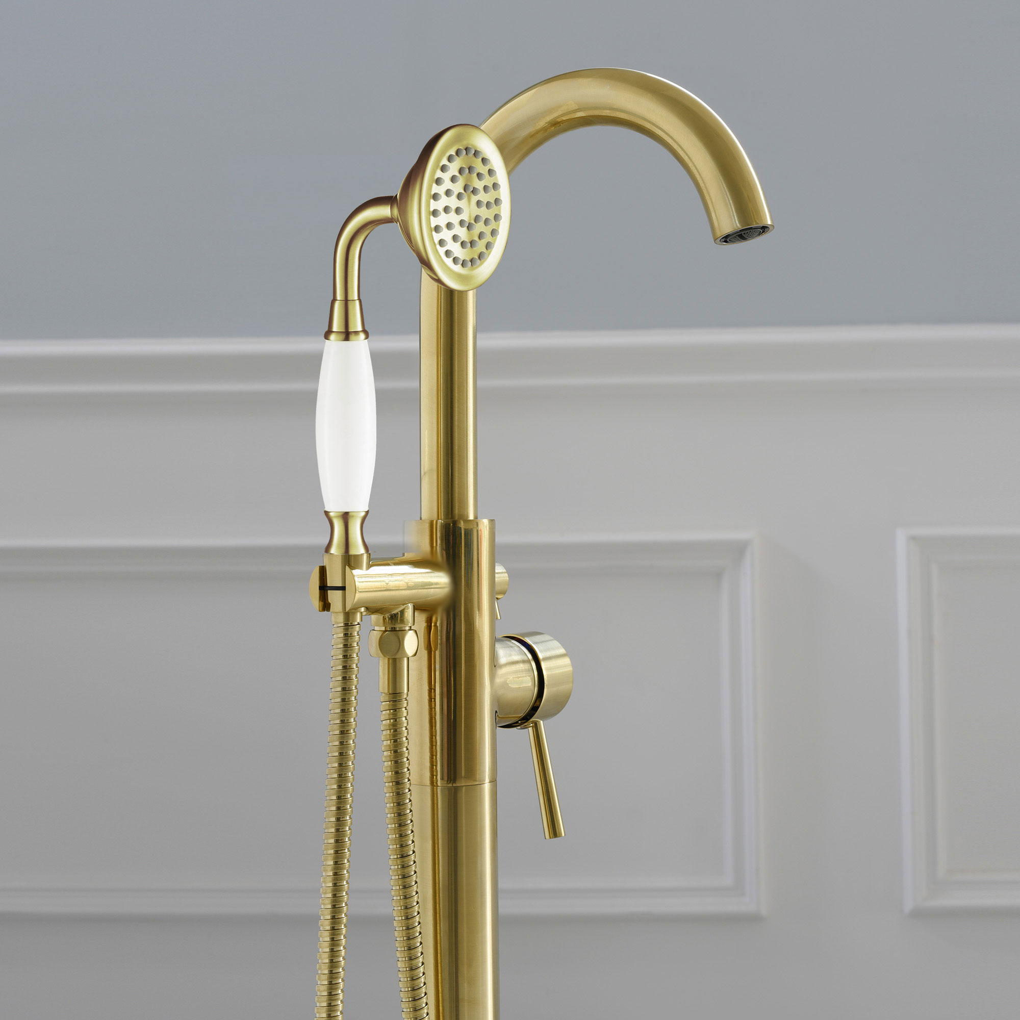  WOODBRIDGE F0026BGVT Fusion Single Handle Floor Mount Freestanding Tub Filler Faucet with Telephone Hand shower in Brushed Gold Finish._24741