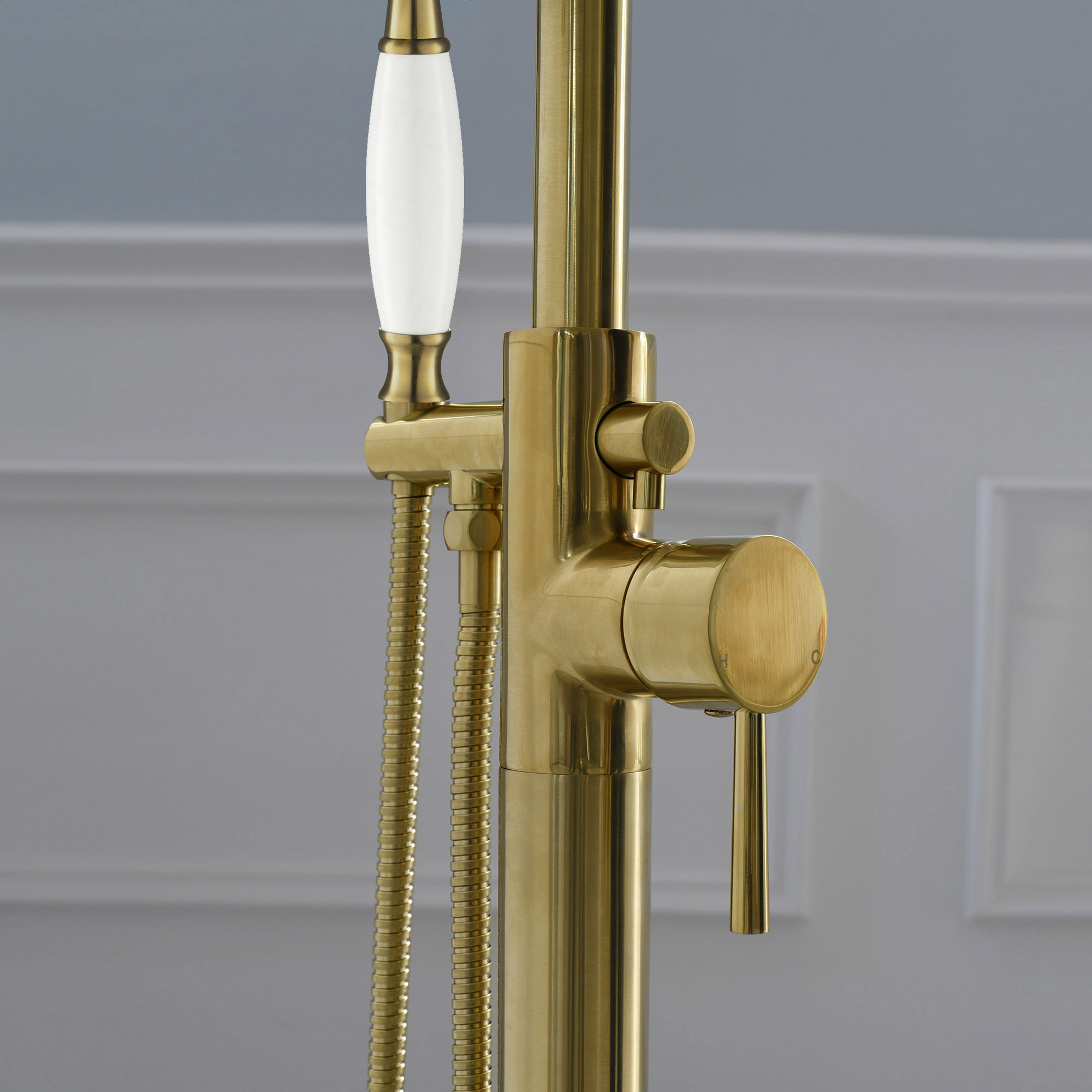  WOODBRIDGE F0026BGVT Fusion Single Handle Floor Mount Freestanding Tub Filler Faucet with Telephone Hand shower in Brushed Gold Finish._24742