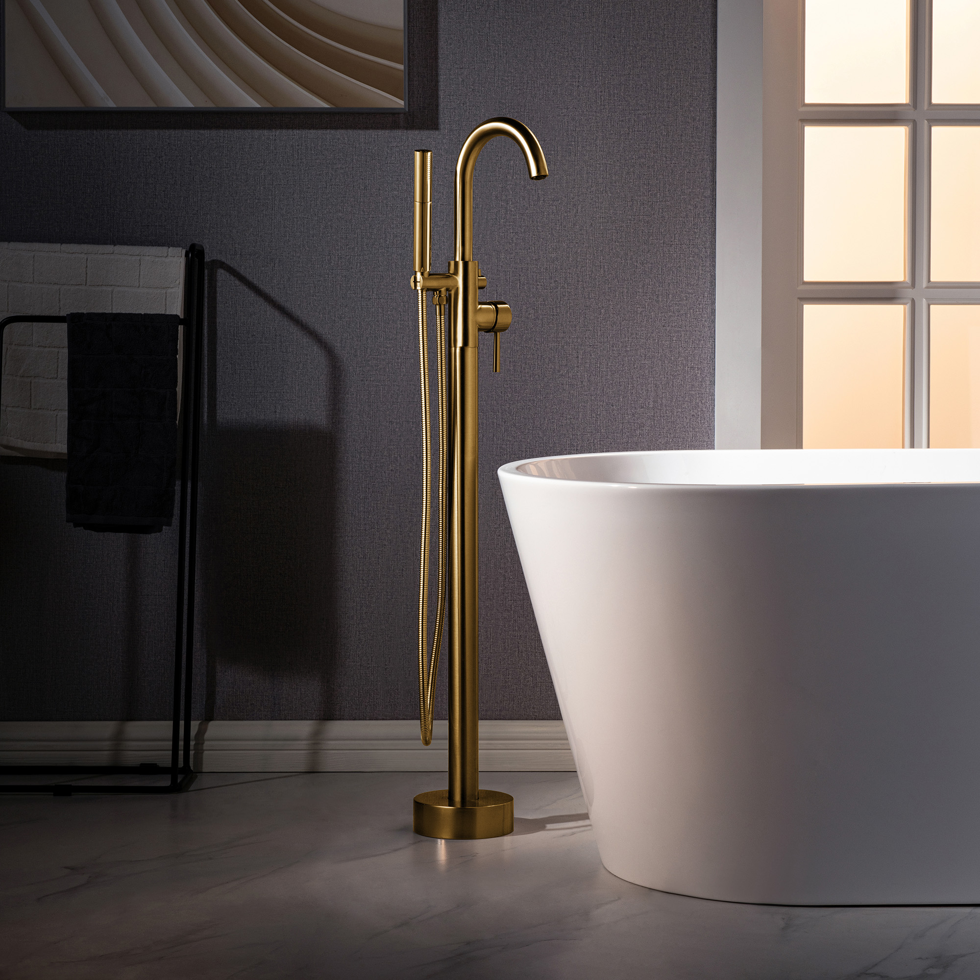 WOODBRIDGE F0026BGDR Contemporary Single Handle Floor Mount Freestanding Tub Filler Faucet with 2 Function Cylinder Style Hand Shower in Brushed Gold Finish.