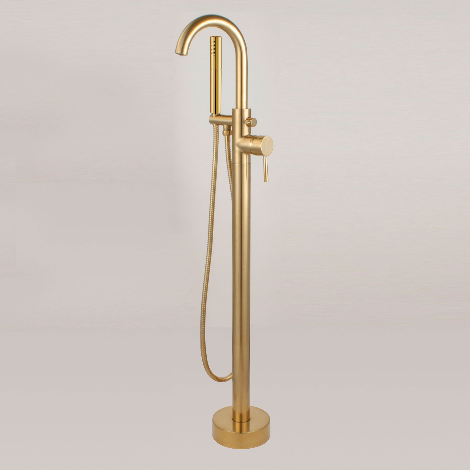  WOODBRIDGE F0026BGDR Contemporary Single Handle Floor Mount Freestanding Tub Filler Faucet with 2 Function Cylinder Style Hand Shower in Brushed Gold Finish._24743
