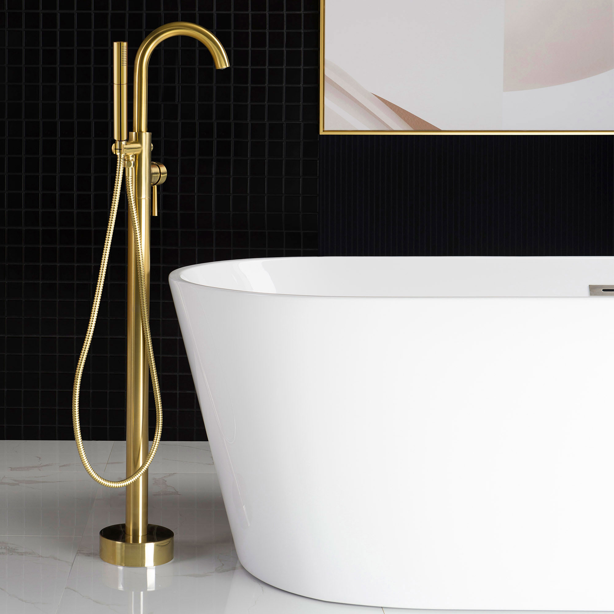  WOODBRIDGE F0026BGDR Contemporary Single Handle Floor Mount Freestanding Tub Filler Faucet with 2 Function Cylinder Style Hand Shower in Brushed Gold Finish._24744
