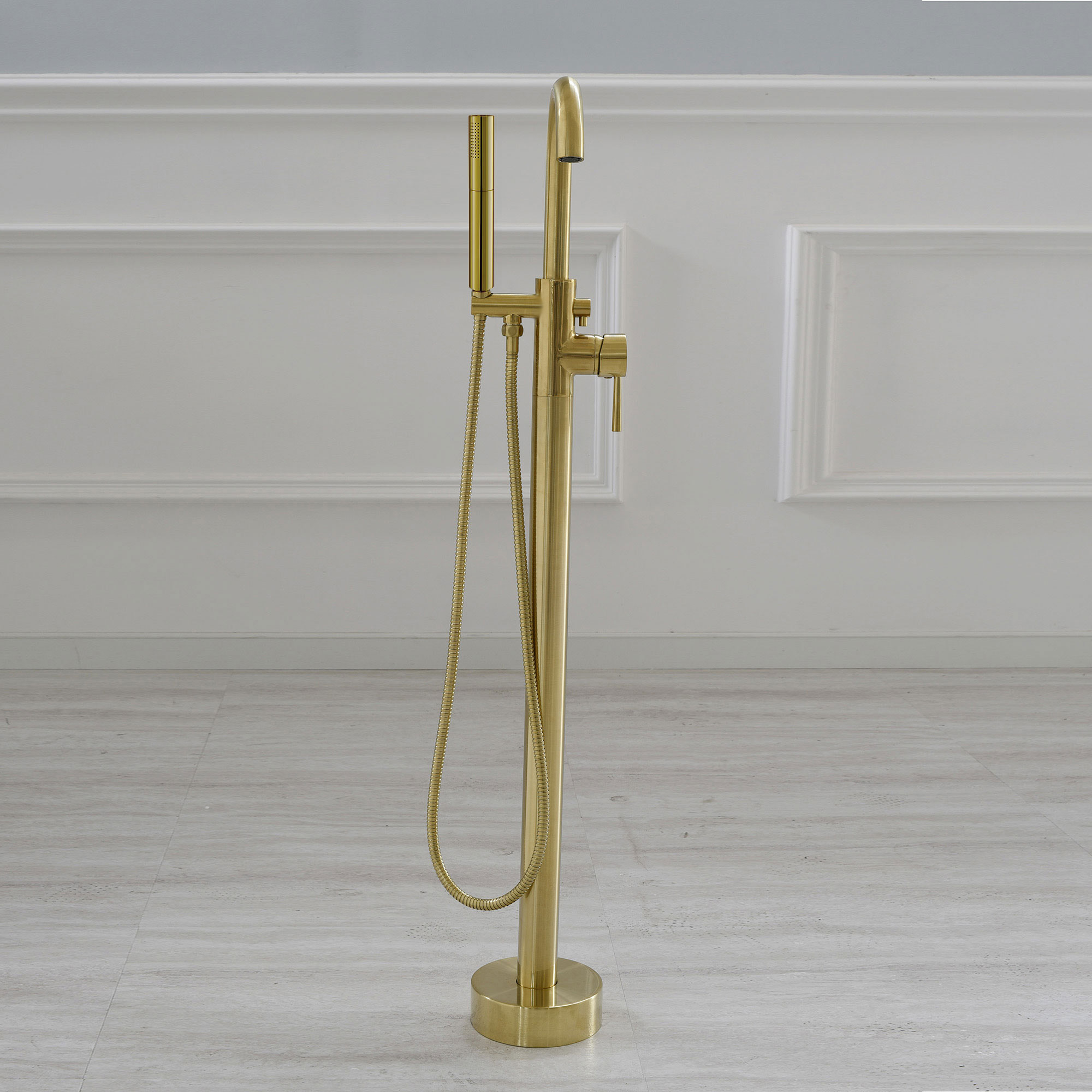  WOODBRIDGE F0026BGDR Contemporary Single Handle Floor Mount Freestanding Tub Filler Faucet with 2 Function Cylinder Style Hand Shower in Brushed Gold Finish._24747