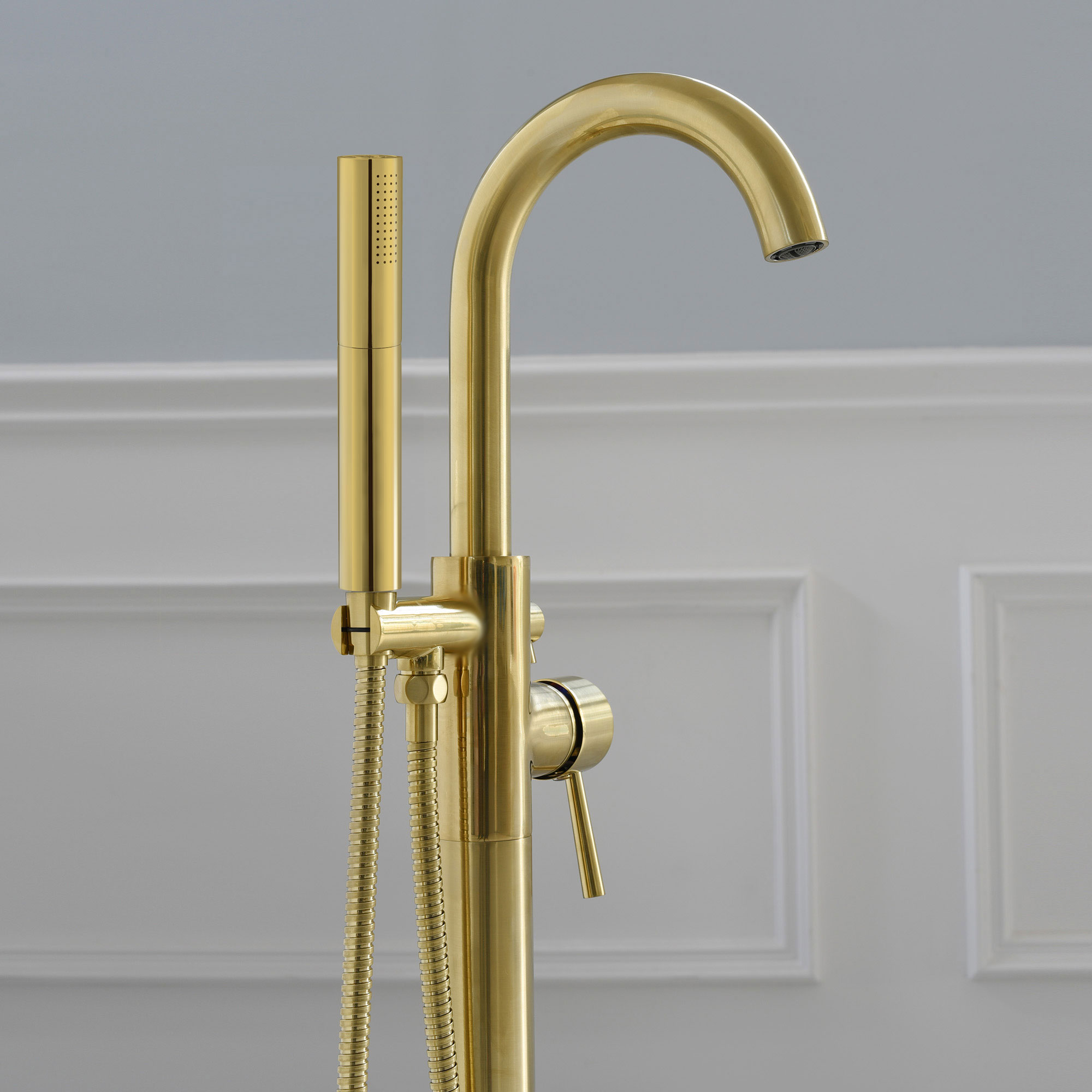  WOODBRIDGE F0026BGDR Contemporary Single Handle Floor Mount Freestanding Tub Filler Faucet with 2 Function Cylinder Style Hand Shower in Brushed Gold Finish._24748