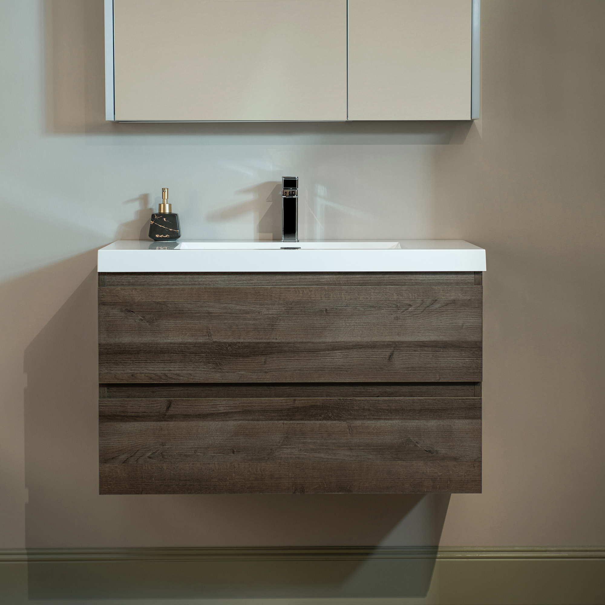 WOODBRIDGE 35-3/8 in. W x 19-5/8 in. D Wall Mounted Floating Vanity in Grey Oak with Resin Composite Vanity Top in Glossy White_24777