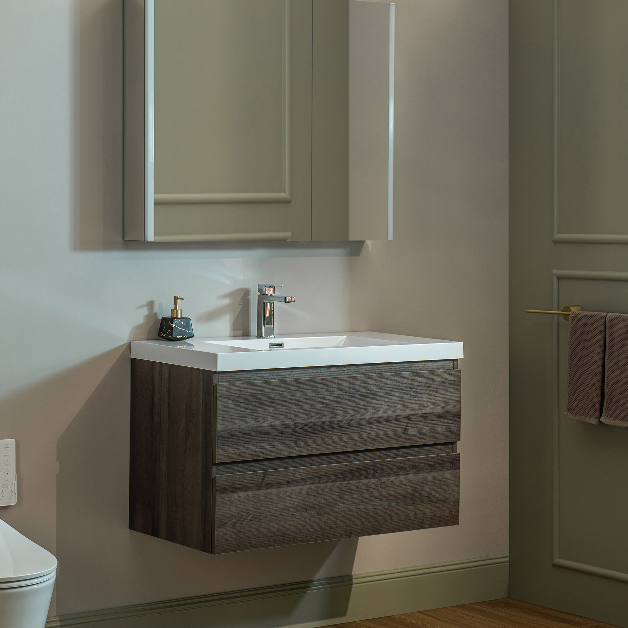  WOODBRIDGE 35-3/8 in. W x 19-5/8 in. D Wall Mounted Floating Vanity in Grey Oak with Resin Composite Vanity Top in Glossy White_24778