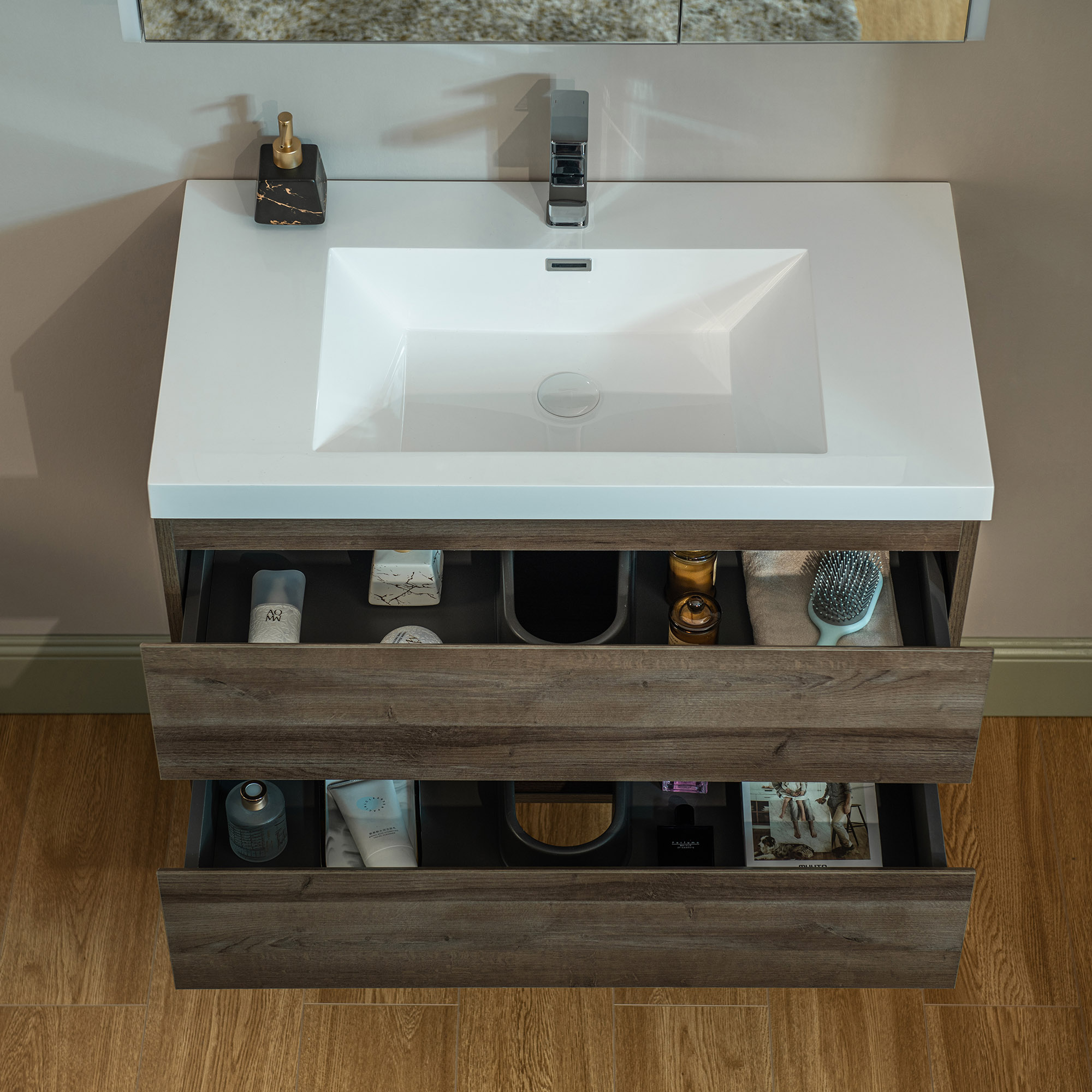  WOODBRIDGE 35-3/8 in. W x 19-5/8 in. D Wall Mounted Floating Vanity in Grey Oak with Resin Composite Vanity Top in Glossy White_24785