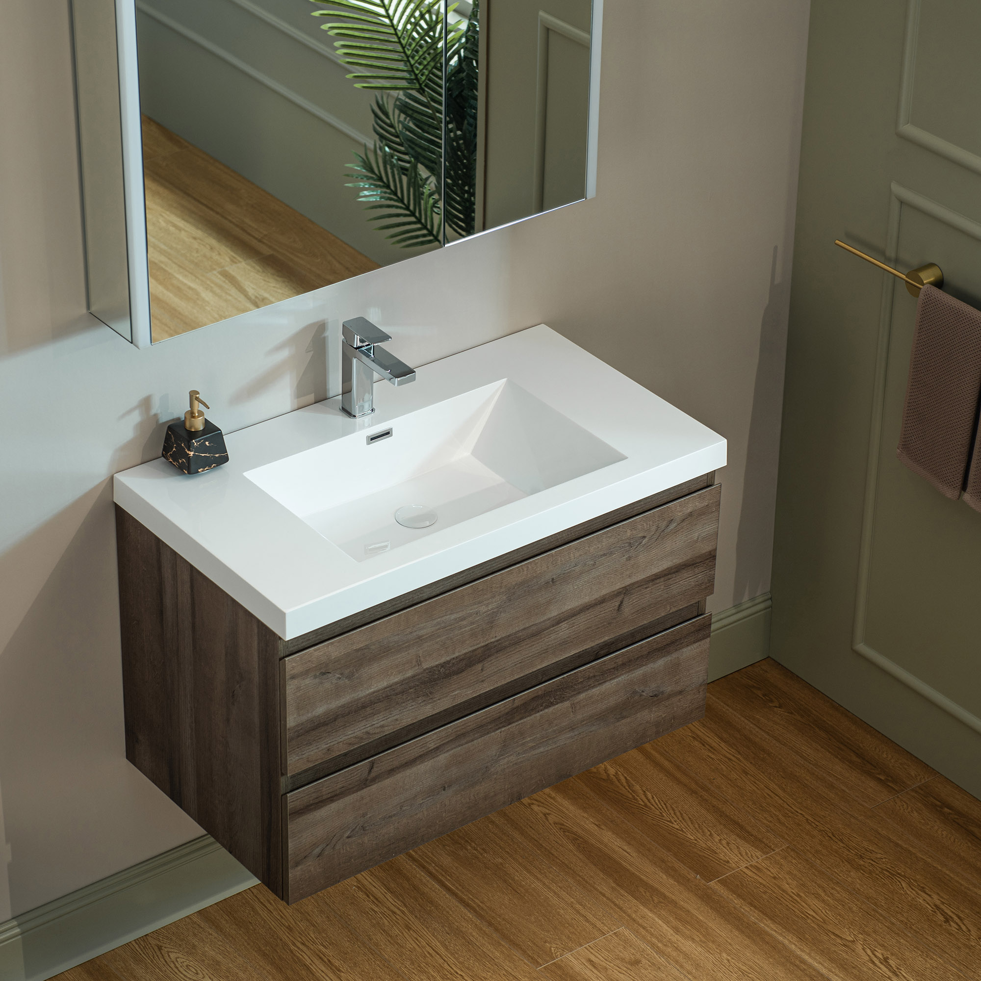 WOODBRIDGE 35-3/8 in. W x 19-5/8 in. D Wall Mounted Floating Vanity in Grey Oak with Resin Composite Vanity Top in Glossy White_24786