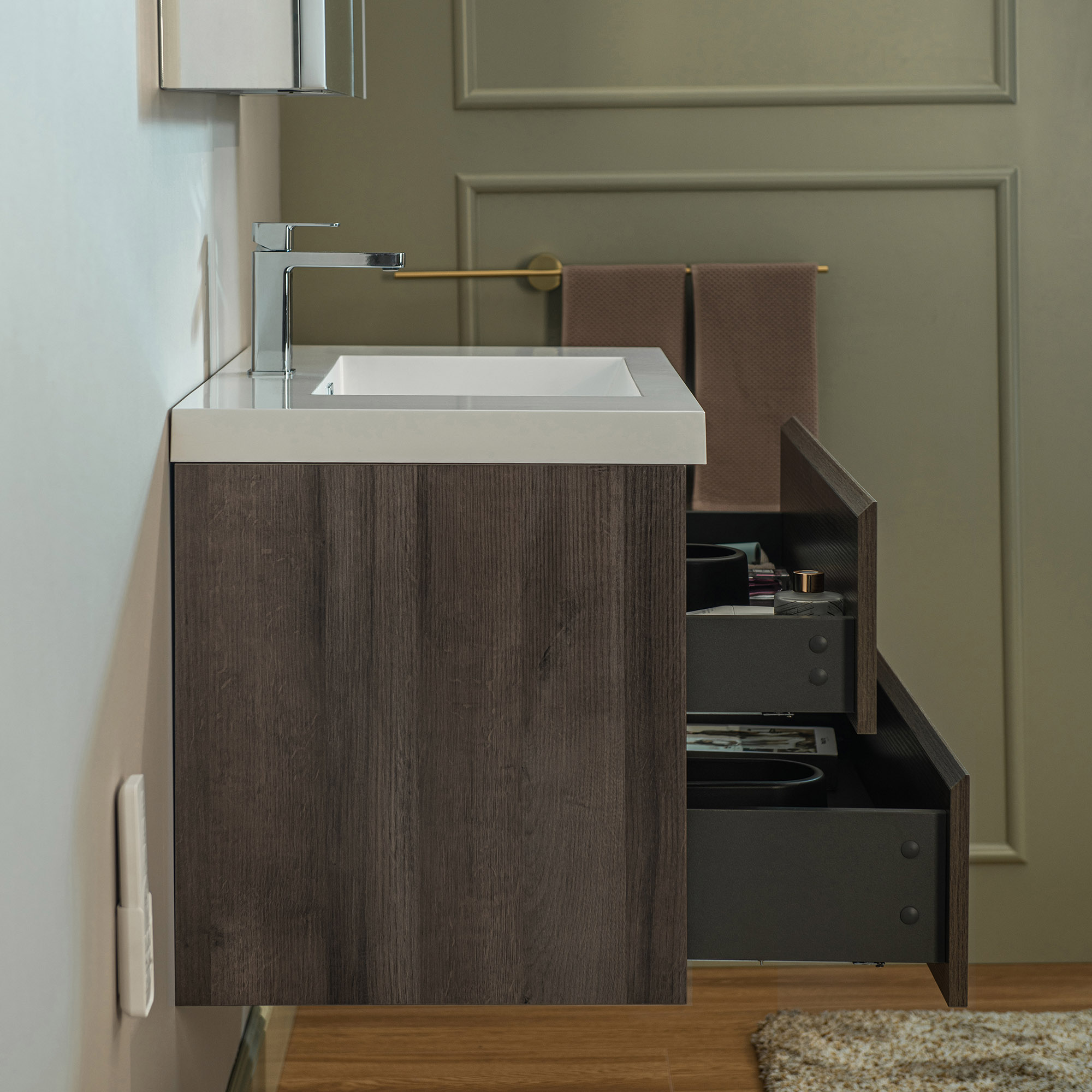  WOODBRIDGE 35-3/8 in. W x 19-5/8 in. D Wall Mounted Floating Vanity in Grey Oak with Resin Composite Vanity Top in Glossy White_24787