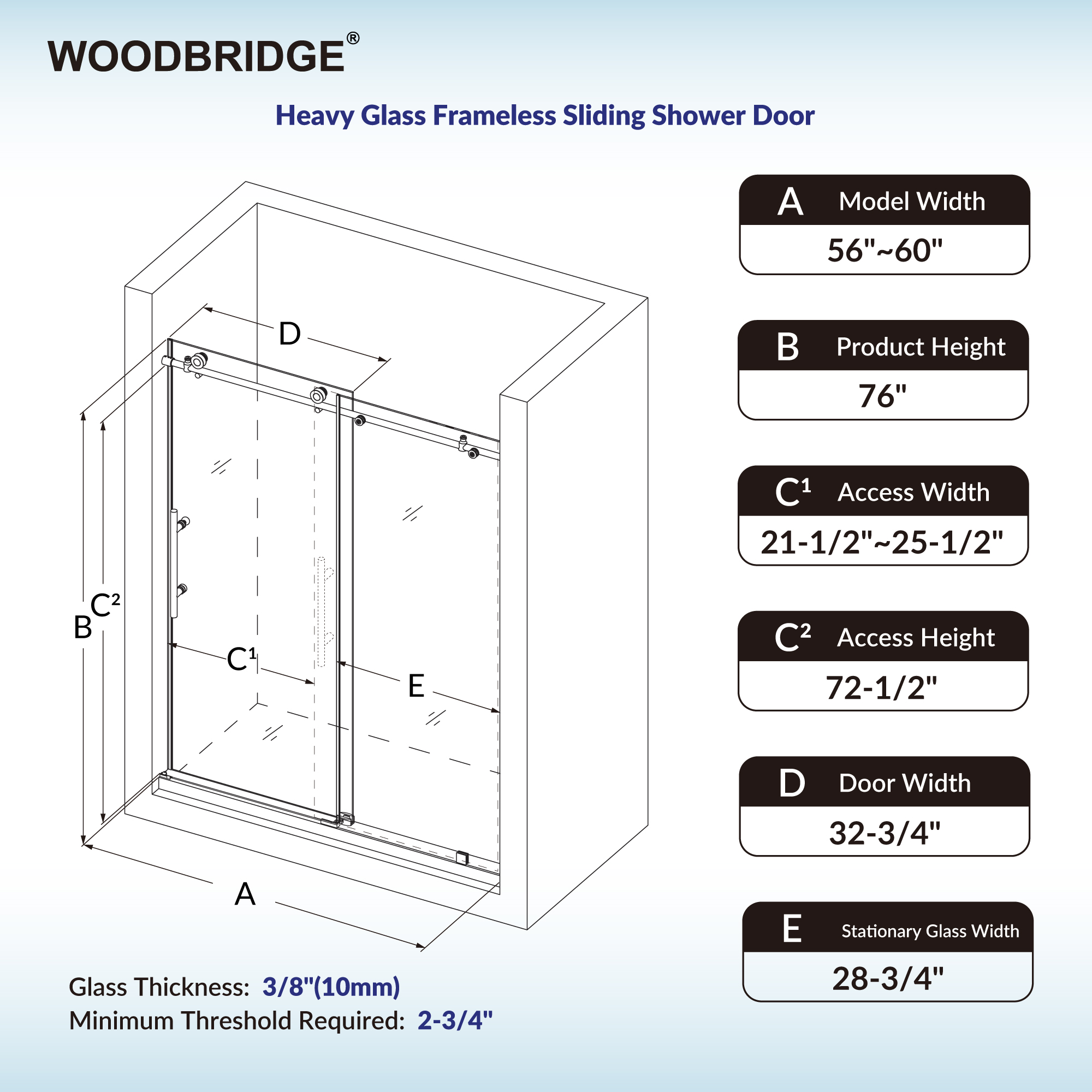  WOODBRIDGE Frameless Shower Doors 56-60
