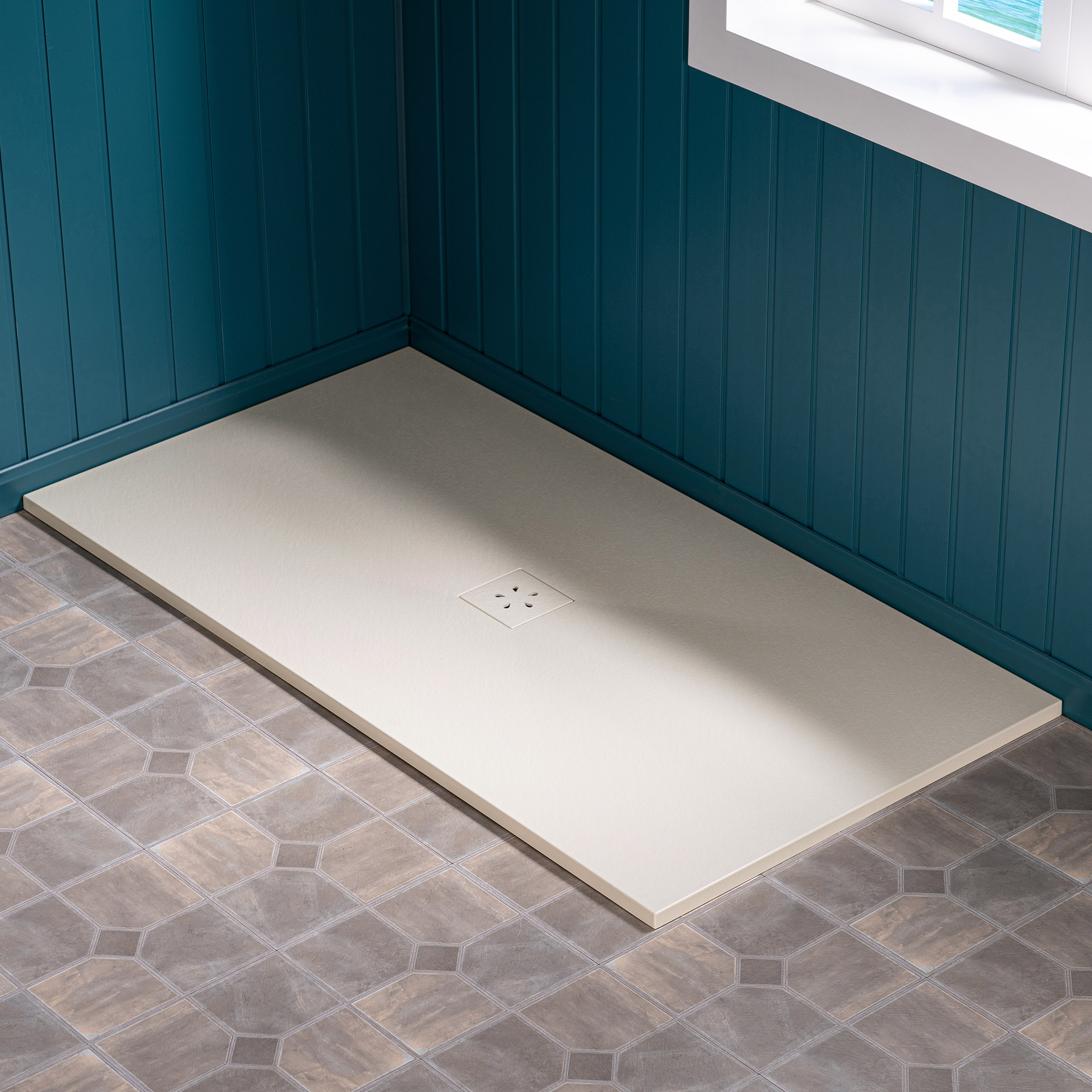 WOODBRIDGE 60-in L x 36-in W Zero-Threshold End-Drain Shower Base with Center Drain Placement, Matching Decorative Drain Plate and Tile Flange, Wheel Chair Access, Low Profile, Beige