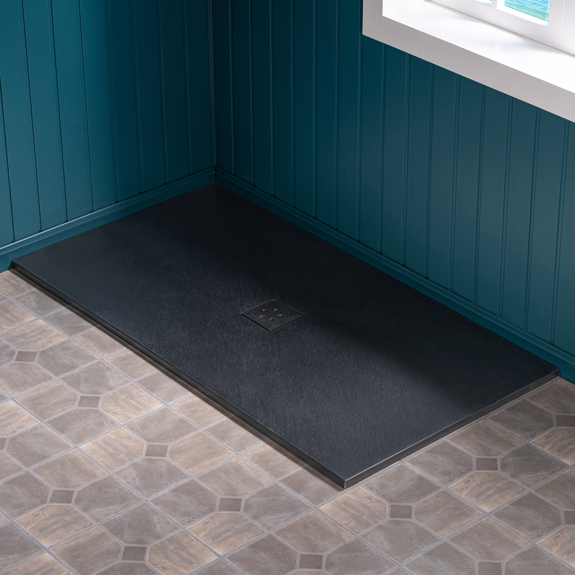  WOODBRIDGE 47.75-in L x 36-in W Zero-Threshold End-Drain Shower Base with Center Drain Placement, Matching Decorative Drain Plate and Tile Flange, Wheel Chair Access, Low Profile, Black_24984