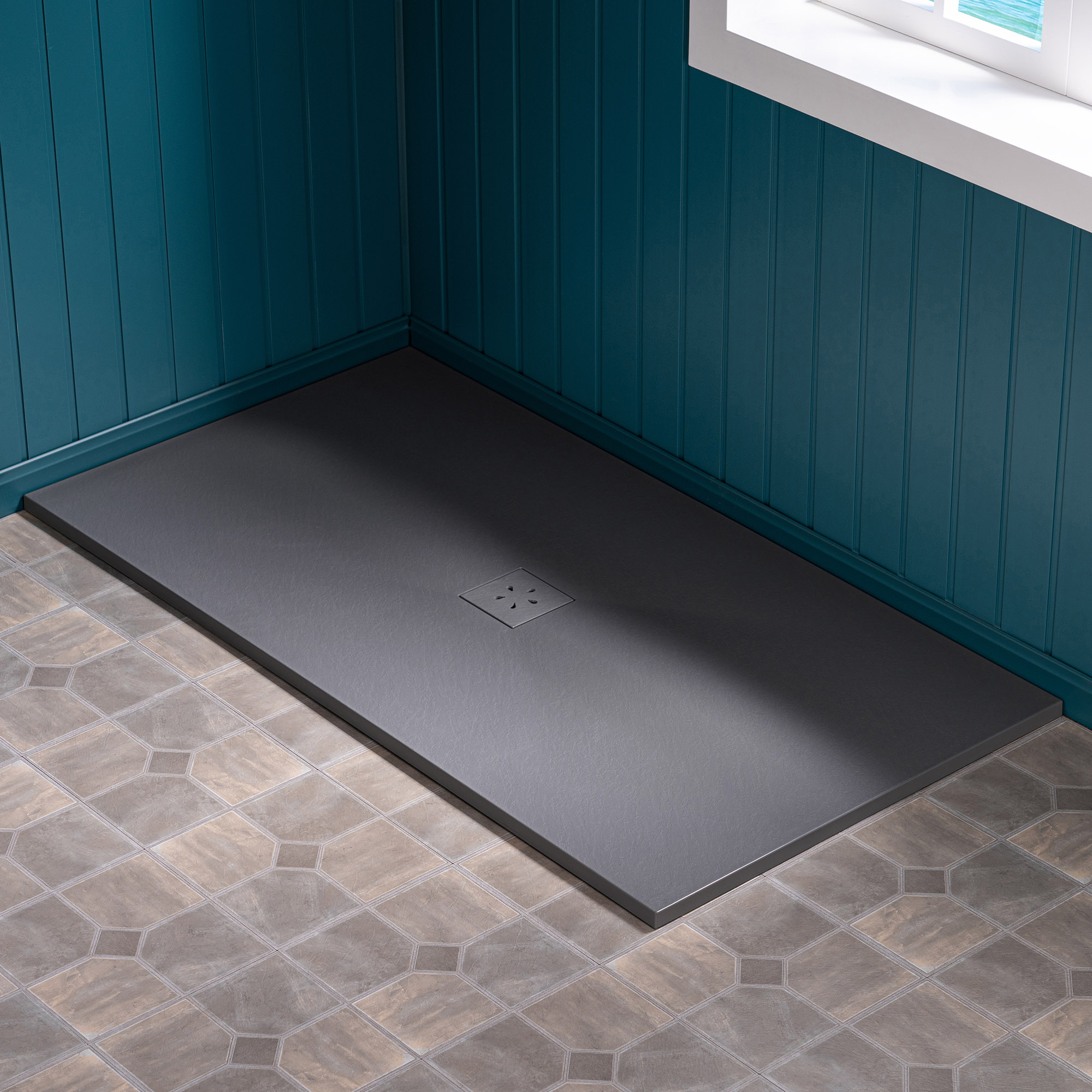 WOODBRIDGE 47.75-in L x 36-in W Zero-Threshold End-Drain Shower Base with Center Drain Placement, Matching Decorative Drain Plate and Tile Flange, Wheel Chair Access, Low Profile, Gray