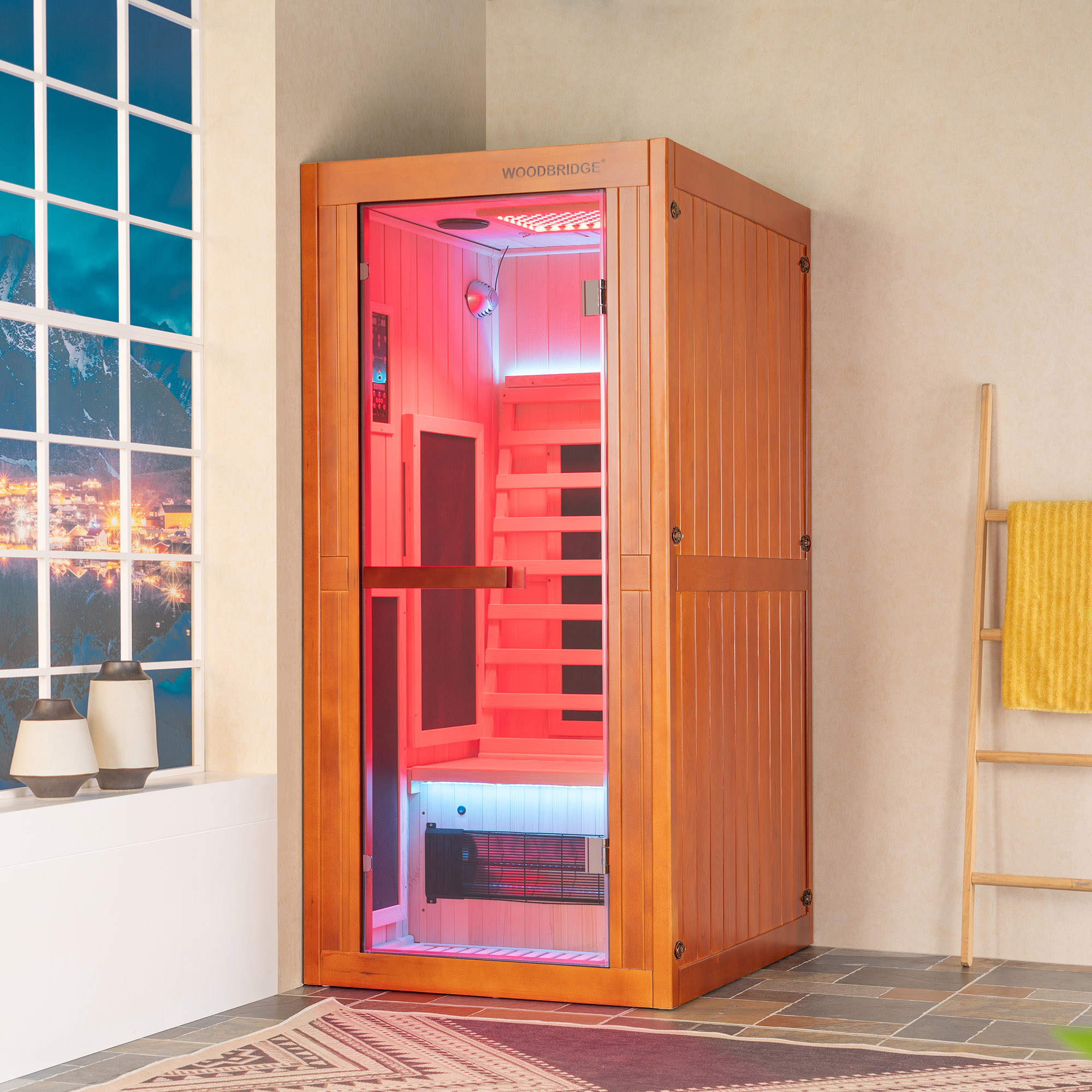 1-Person Indoor FAR Infrared Sauna in Premium Canadian Hemlock with Red Light Therapy, Bluetooth Speakers, Smart Control Panel & Chromotherapy Lighting