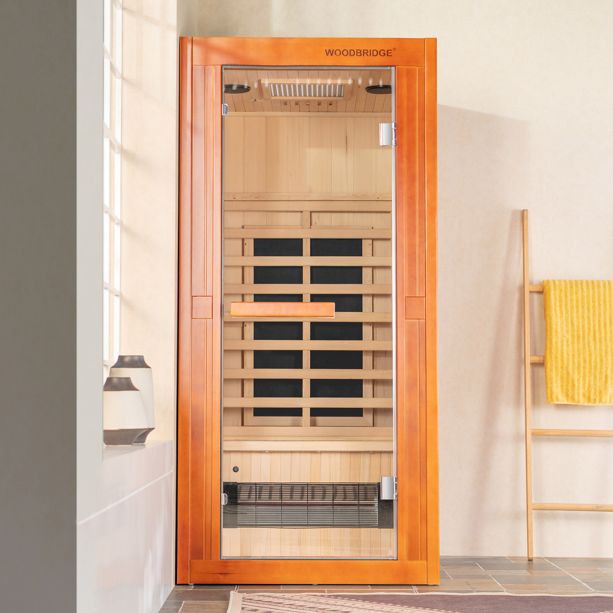  1-Person Indoor FAR Infrared Sauna in Premium Canadian Hemlock with Red Light Therapy, Bluetooth Speakers, Smart Control Panel & Chromotherapy Lighting_25276