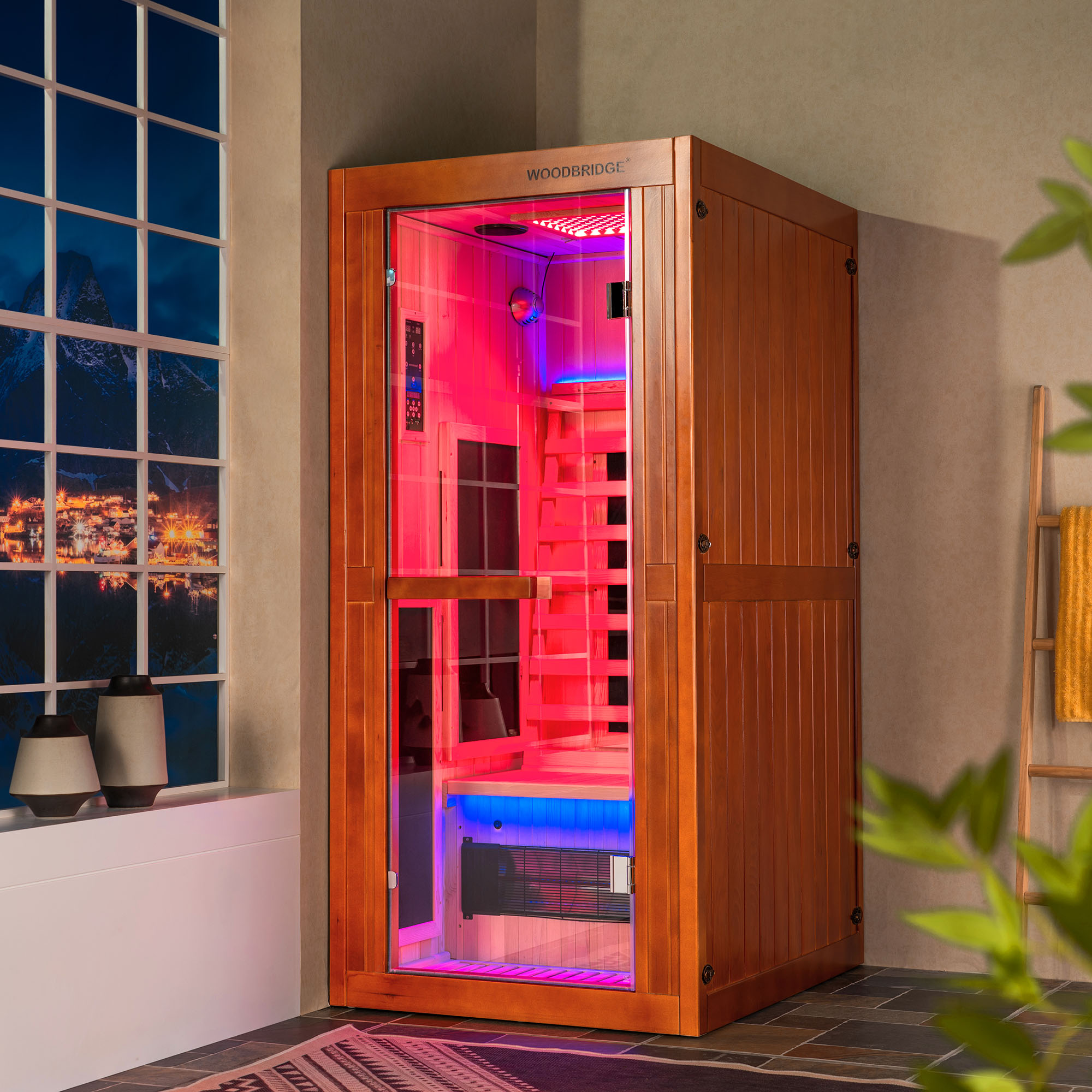  1-Person Indoor FAR Infrared Sauna in Premium Canadian Hemlock with Red Light Therapy, Bluetooth Speakers, Smart Control Panel & Chromotherapy Lighting_25277