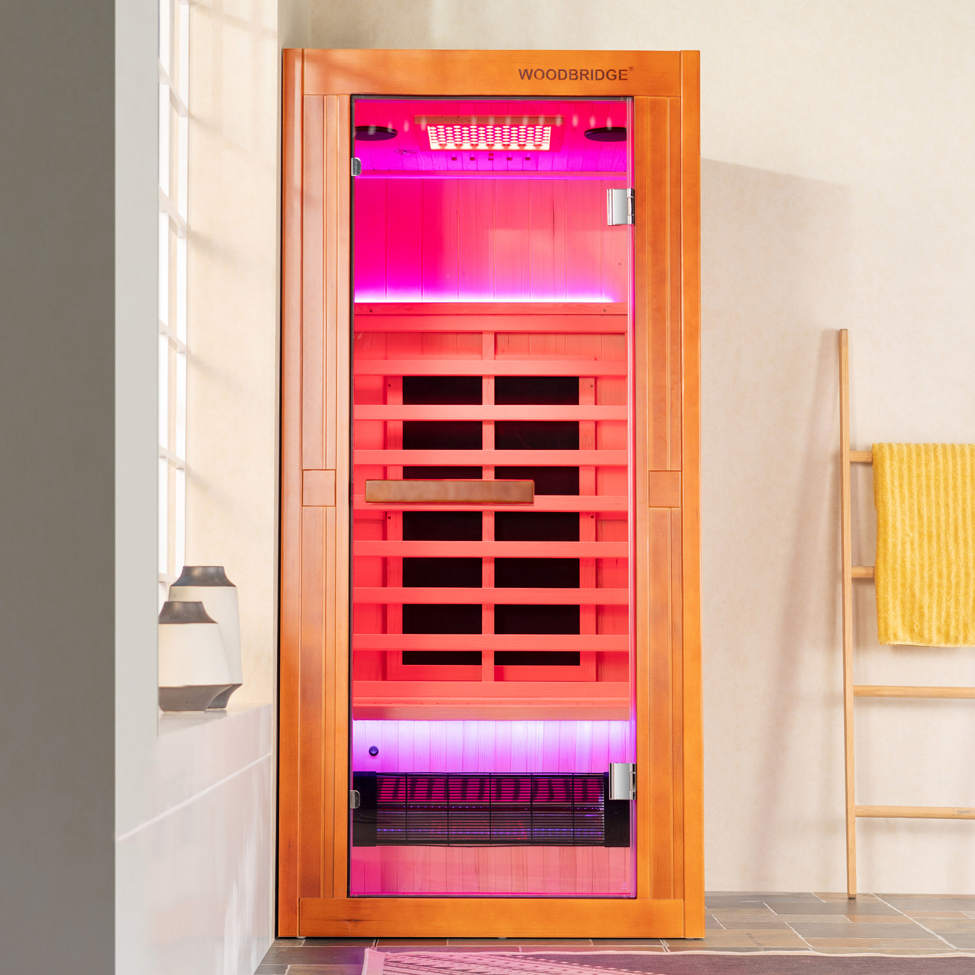 1-Person Indoor FAR Infrared Sauna in Premium Canadian Hemlock with Red Light Therapy, Bluetooth Speakers, Smart Control Panel & Chromotherapy Lighting_25278