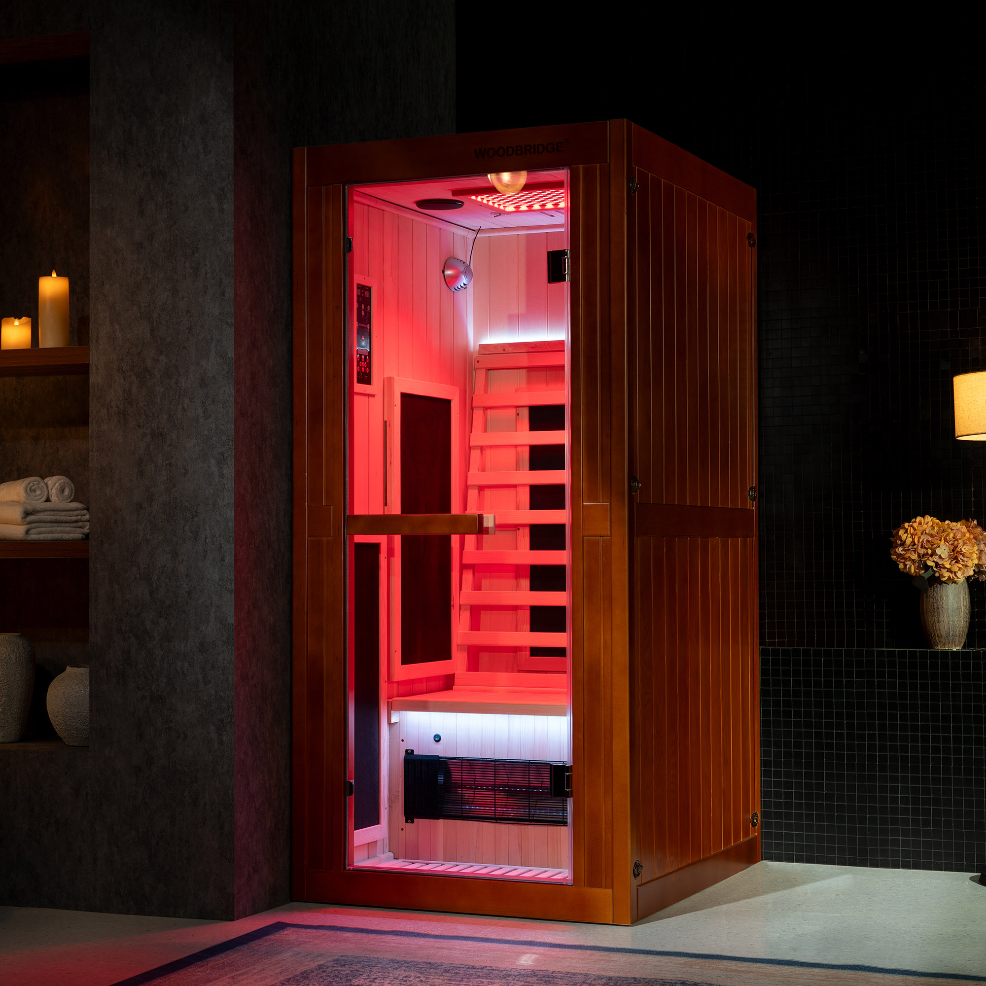  1-Person Indoor FAR Infrared Sauna in Premium Canadian Hemlock with Red Light Therapy, Bluetooth Speakers, Smart Control Panel & Chromotherapy Lighting_25279
