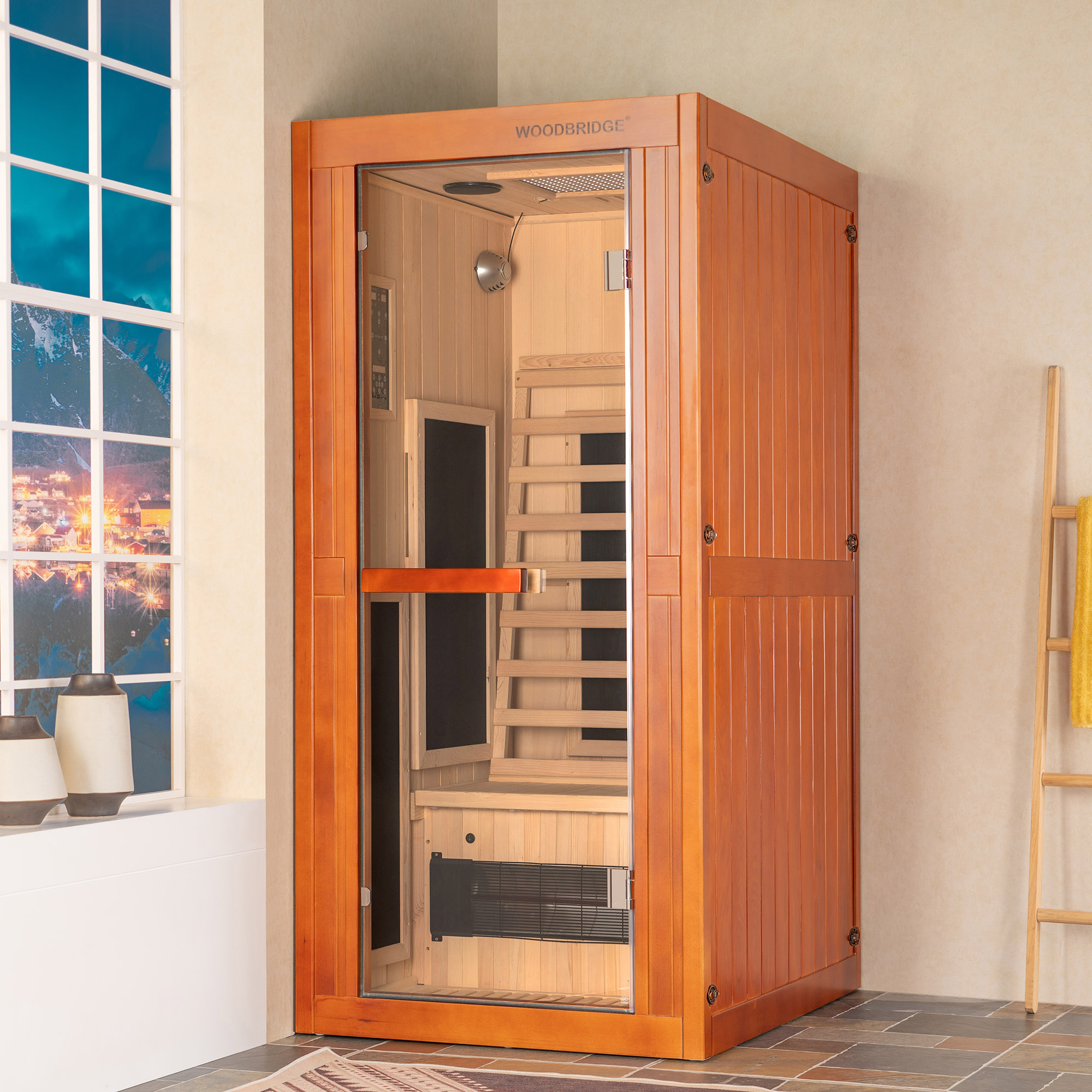 1-Person Indoor FAR Infrared Sauna in Premium Canadian Hemlock with Red Light Therapy, Bluetooth Speakers, Smart Control Panel & Chromotherapy Lighting_25287