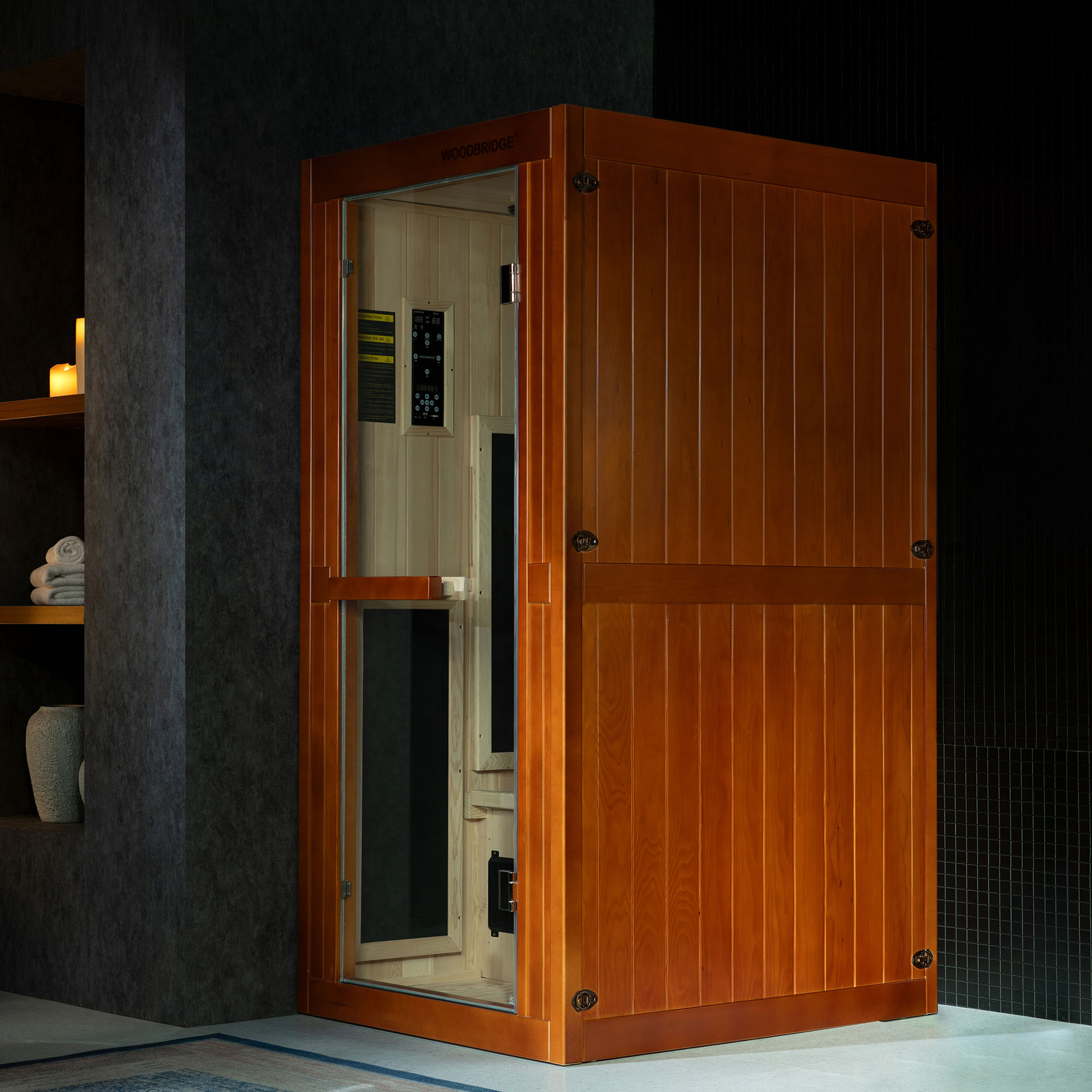 1-Person Indoor FAR Infrared Sauna in Premium Canadian Hemlock with Red Light Therapy, Bluetooth Speakers, Smart Control Panel & Chromotherapy Lighting_25288