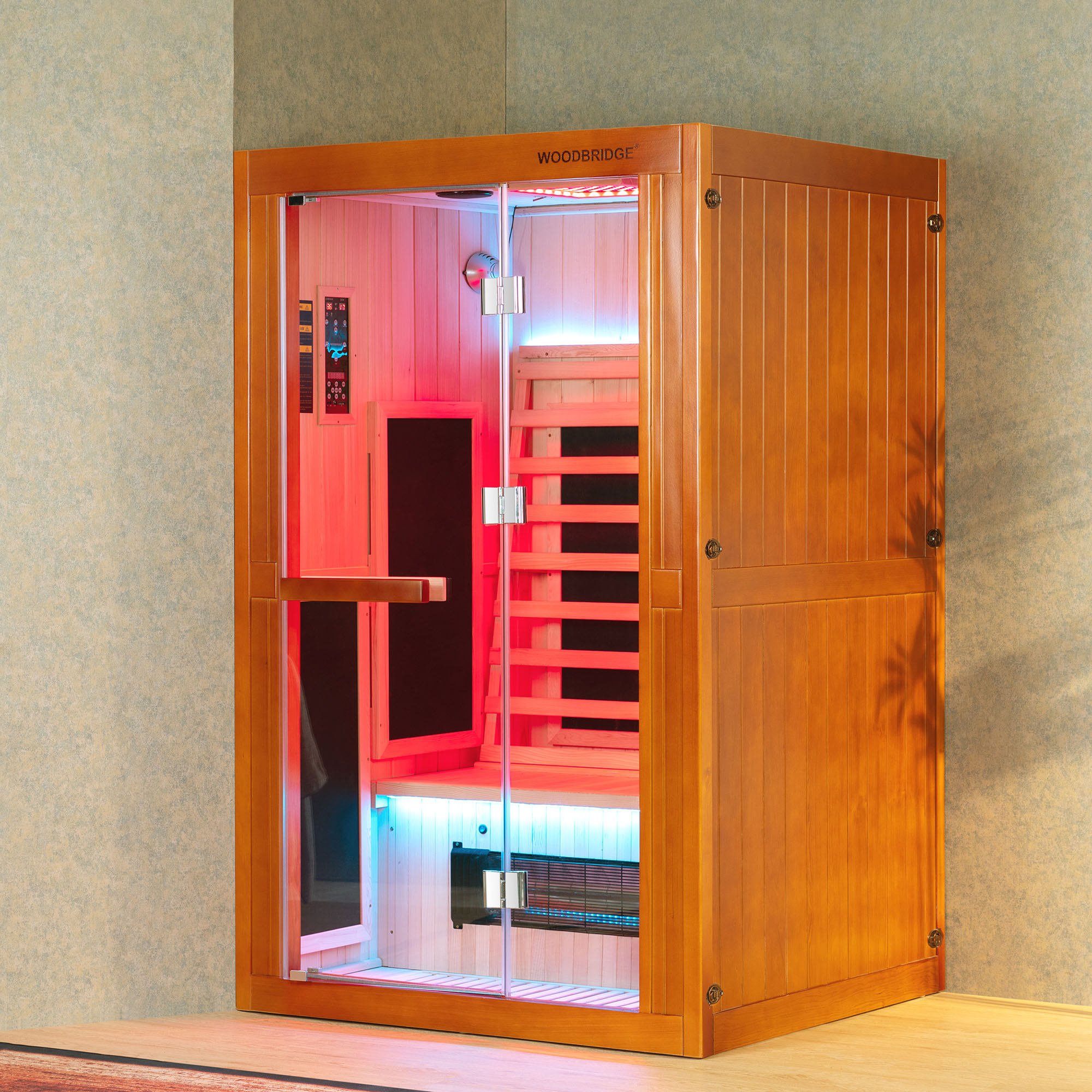 2-Person Indoor FAR Infrared Sauna Crafted from Canadian Hemlock with Red Light Therapy, Bluetooth Speaker, Smart Control Panel & Chromotherapy Lighting